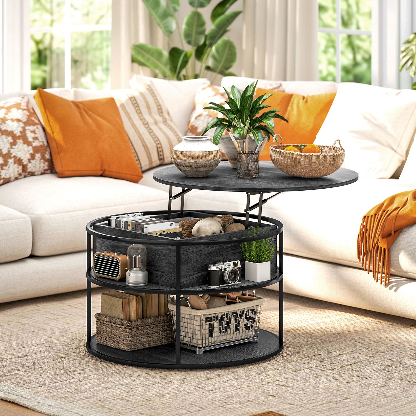 Lift Top Coffee Table, Round Coffee Table with Hidden Storage, Grey