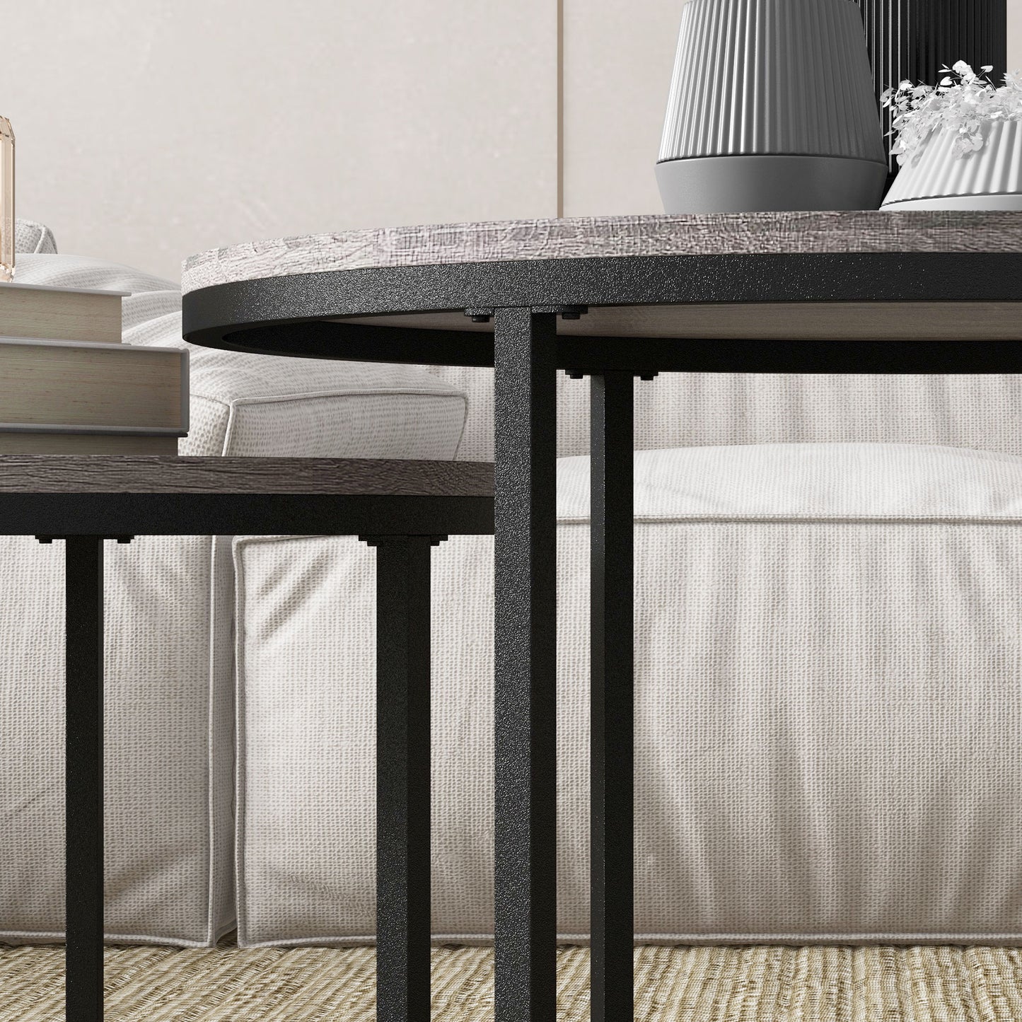2 Pcs Stacking Coffee Table Set Steel Frame Wood Effect Top Foot Pads