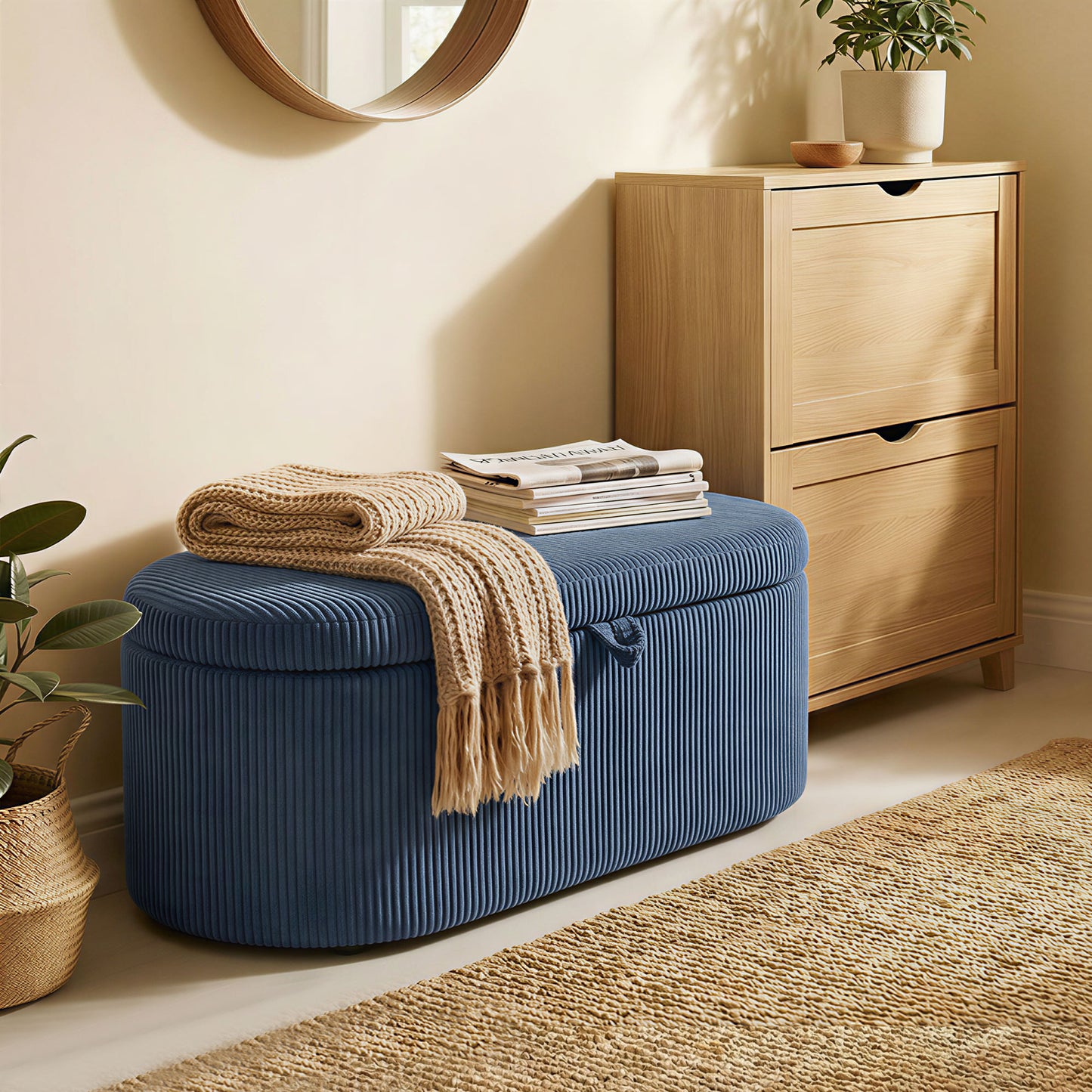 Storage Ottoman, Corduroy Ottoman Storage Box with Padded Seat, Blue