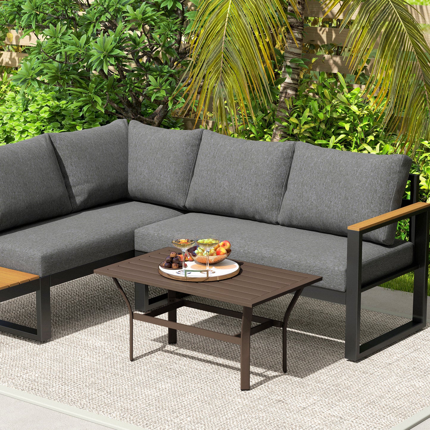 Metal Garden Coffee Table with Slatted Tabletop, Brown