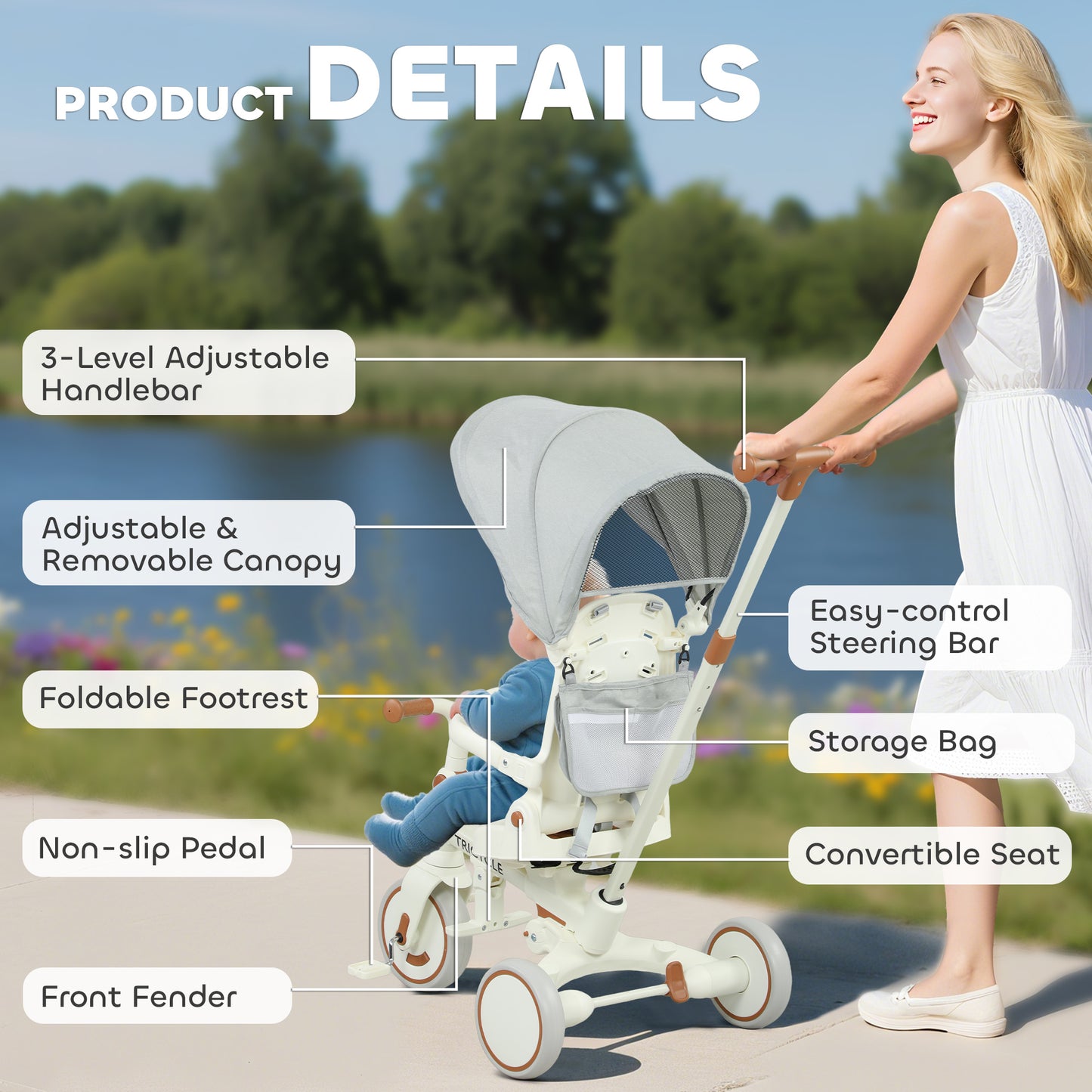 5 in 1 Foldable Kids Trike, Toddler Tricycle for 1-3 Years, Cream White