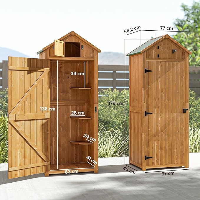 Wooden Garden Storage Shed Utility Gardener Cabinet w/ 3 Shelves and 2 Door, 191.5cm x 79cm x 49cm, Natural Wood Effect