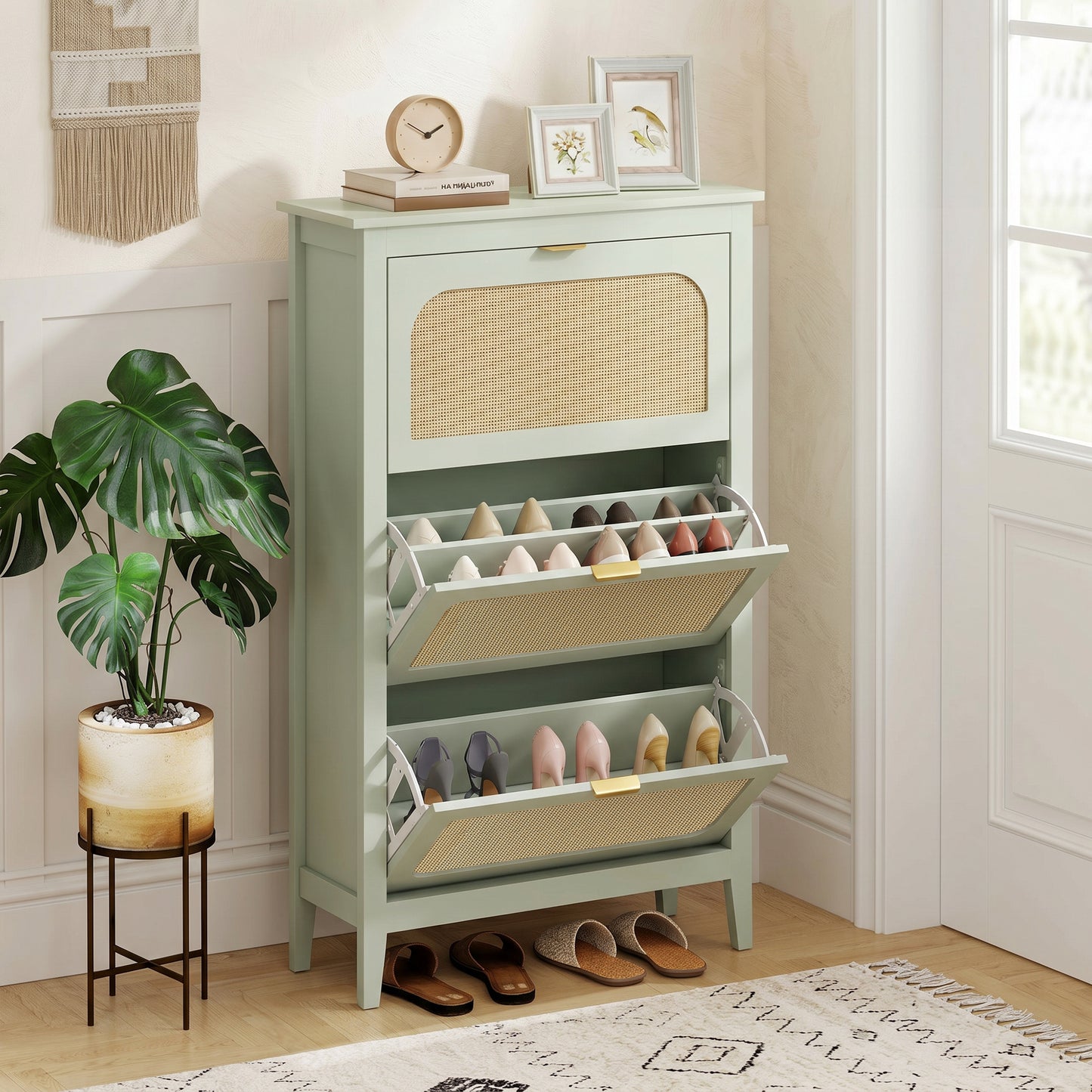 Boho Slim Shoe Cabinet with Rattan Doors, Holds 21 Pairs, Green