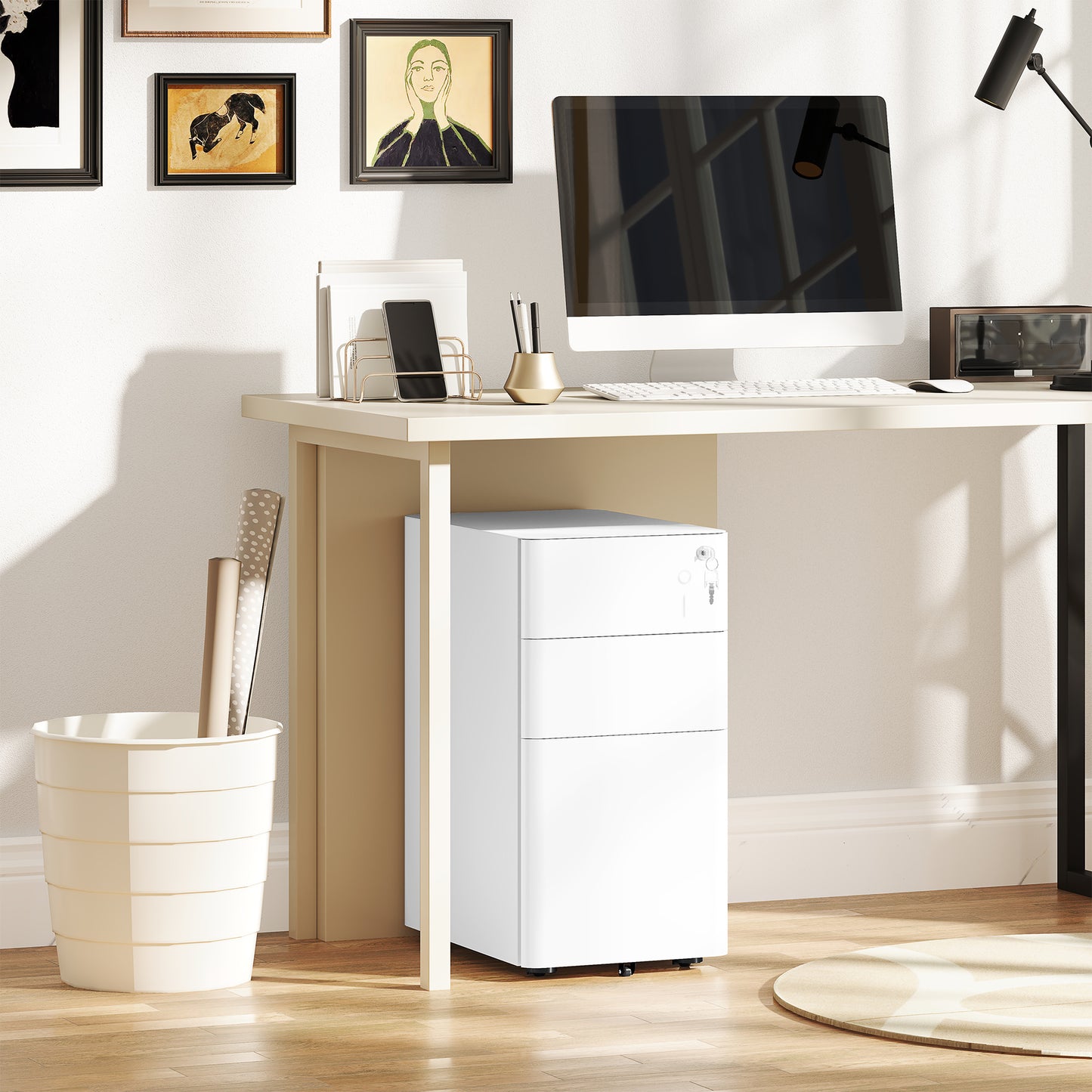 Steel Filing Cabinet with Lock and Wheels for Home Office, White