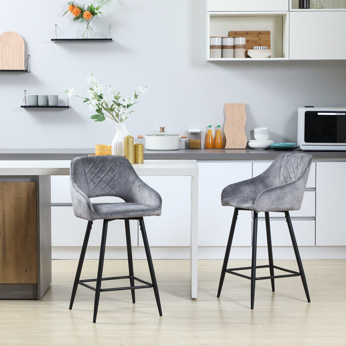 Bar Stools Set of 2 Velvet-Touch Fabric Counter Bar Chairs Grey