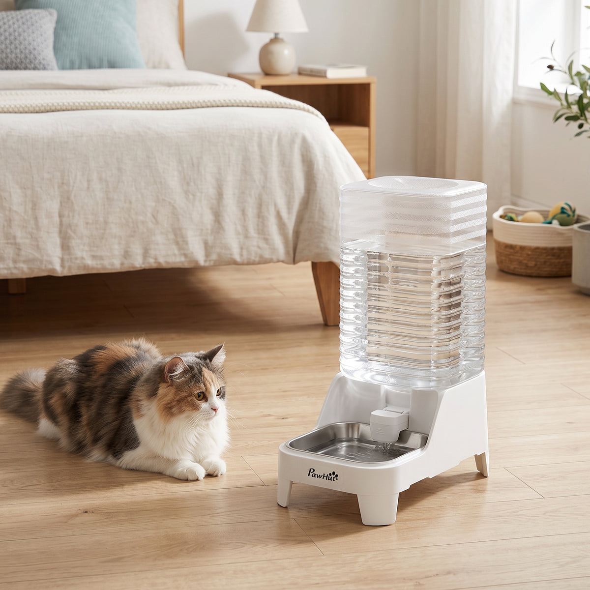 8L Gravity-Fed Pet Water Dispenser with Stainless Steel Bowl - White