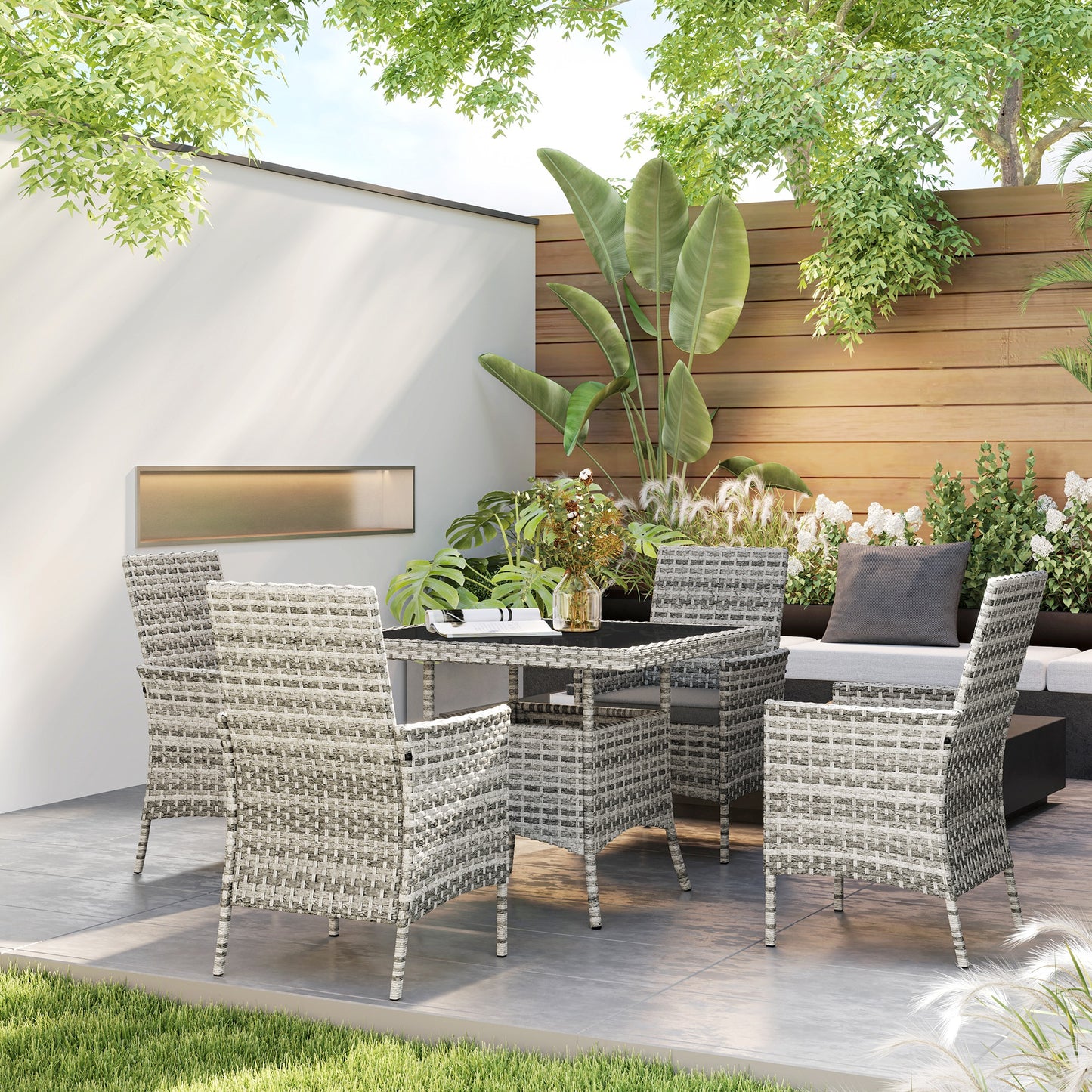 4 Seater Rattan Garden Furniture Set with Cushion, Mixed-Grey