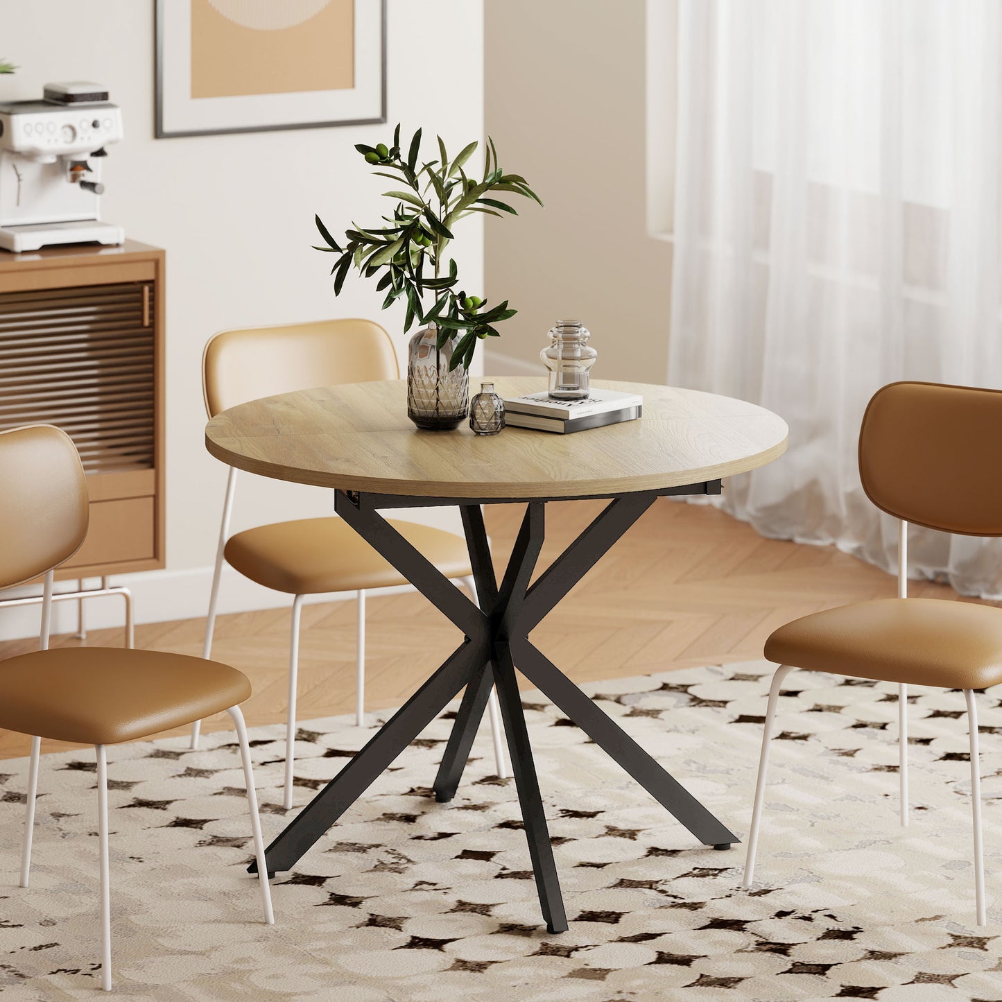 Extendable Dining Table for 4-6 with X-Shape Base, Natural Wood