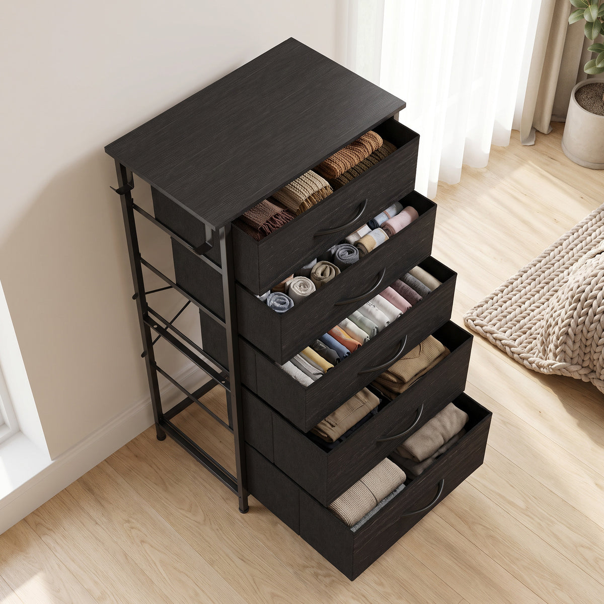 Fabric Chest of Drawers, 5 Drawer Dresser for Bedroom, Black