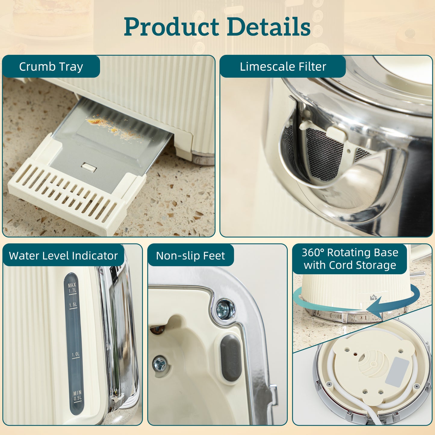 1.7L 3000W Rapid Boil Kettle and 4 Slice Toaster Set Crumb Tray Cream