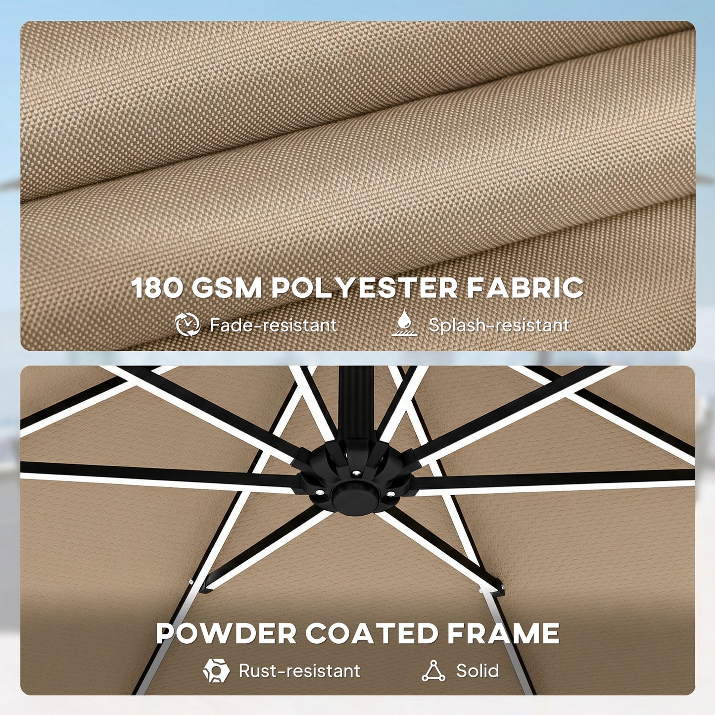 3 m Garden Cantilever Parasol with Solar Light, Rotation, Khaki