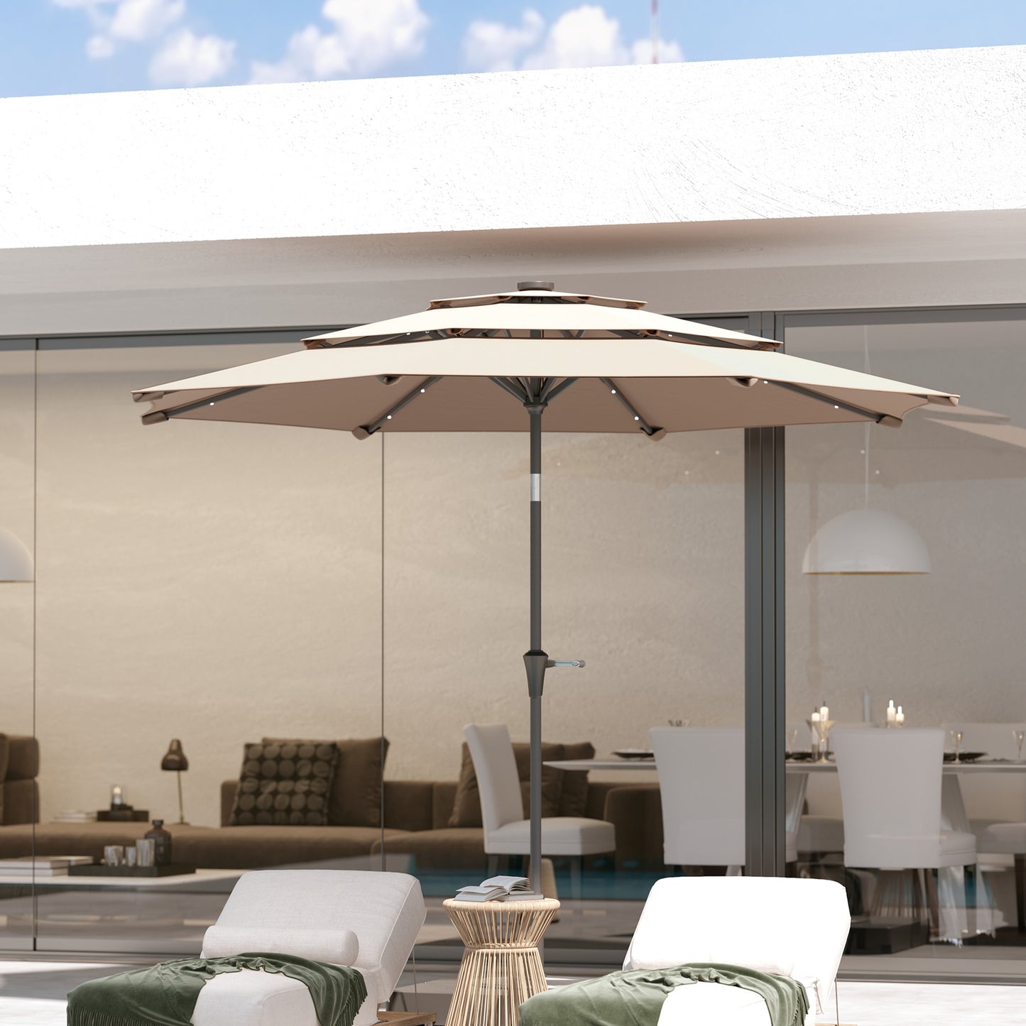 3-Tier Garden Parasol w/ Solar LED Lights, Tilt, Crank Handle Khaki