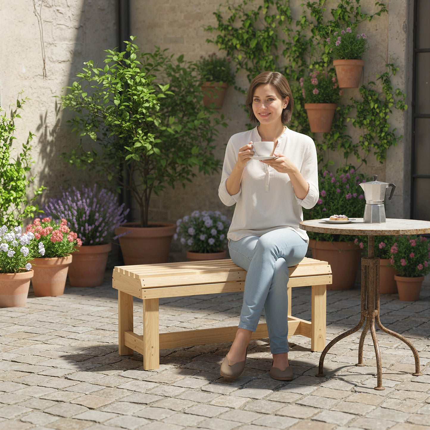 Wooden Garden Bench, 2 Seater Slatted Outdoor Bench, Natural Wood