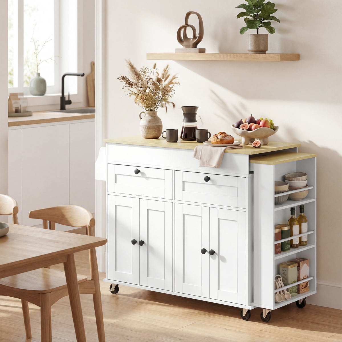 Extendable Kitchen Island with Storage, Wheels and USB Charging - White & Oak Effect