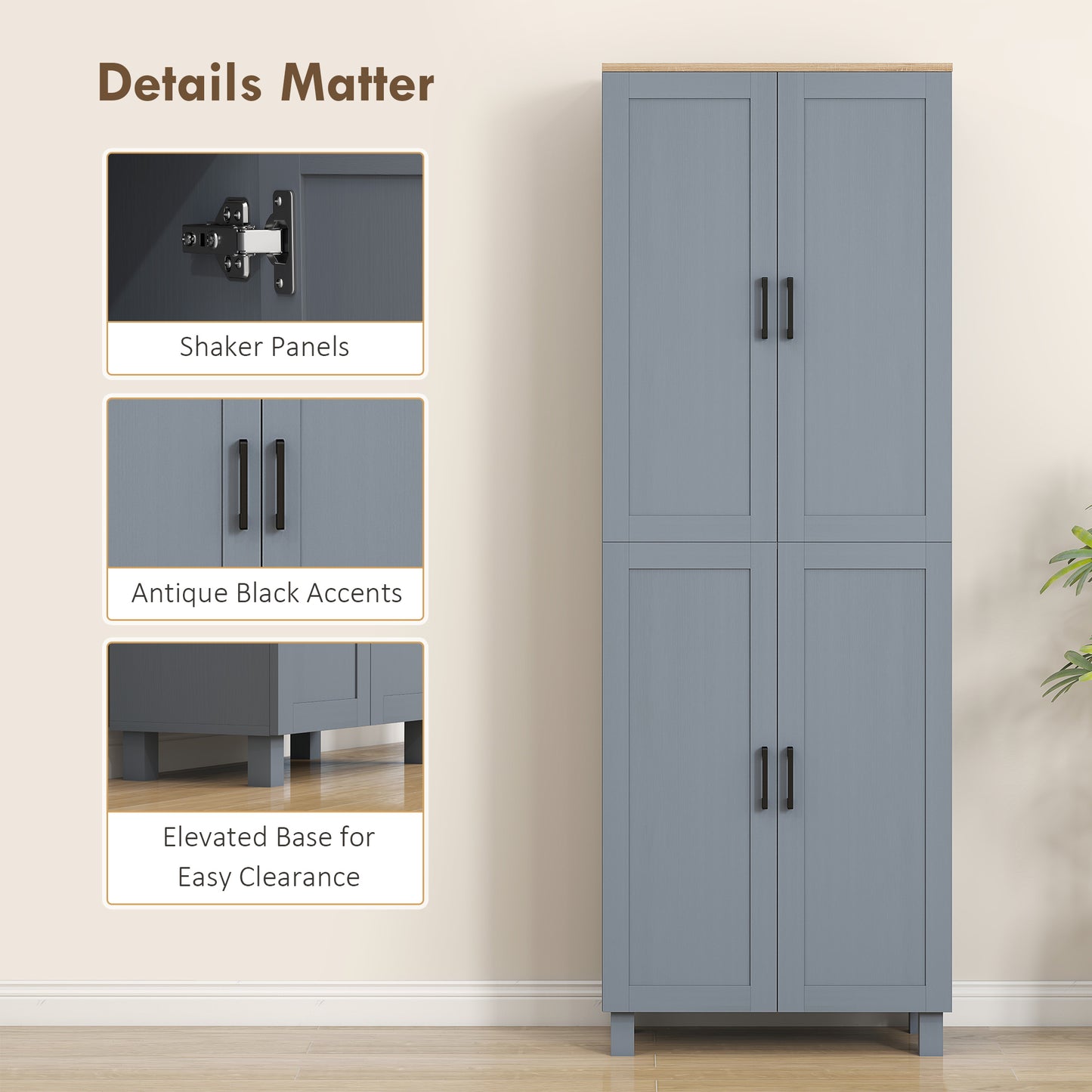 Modern Kitchen Cupboard Storage Cabinet with 6 Shelves, Grey