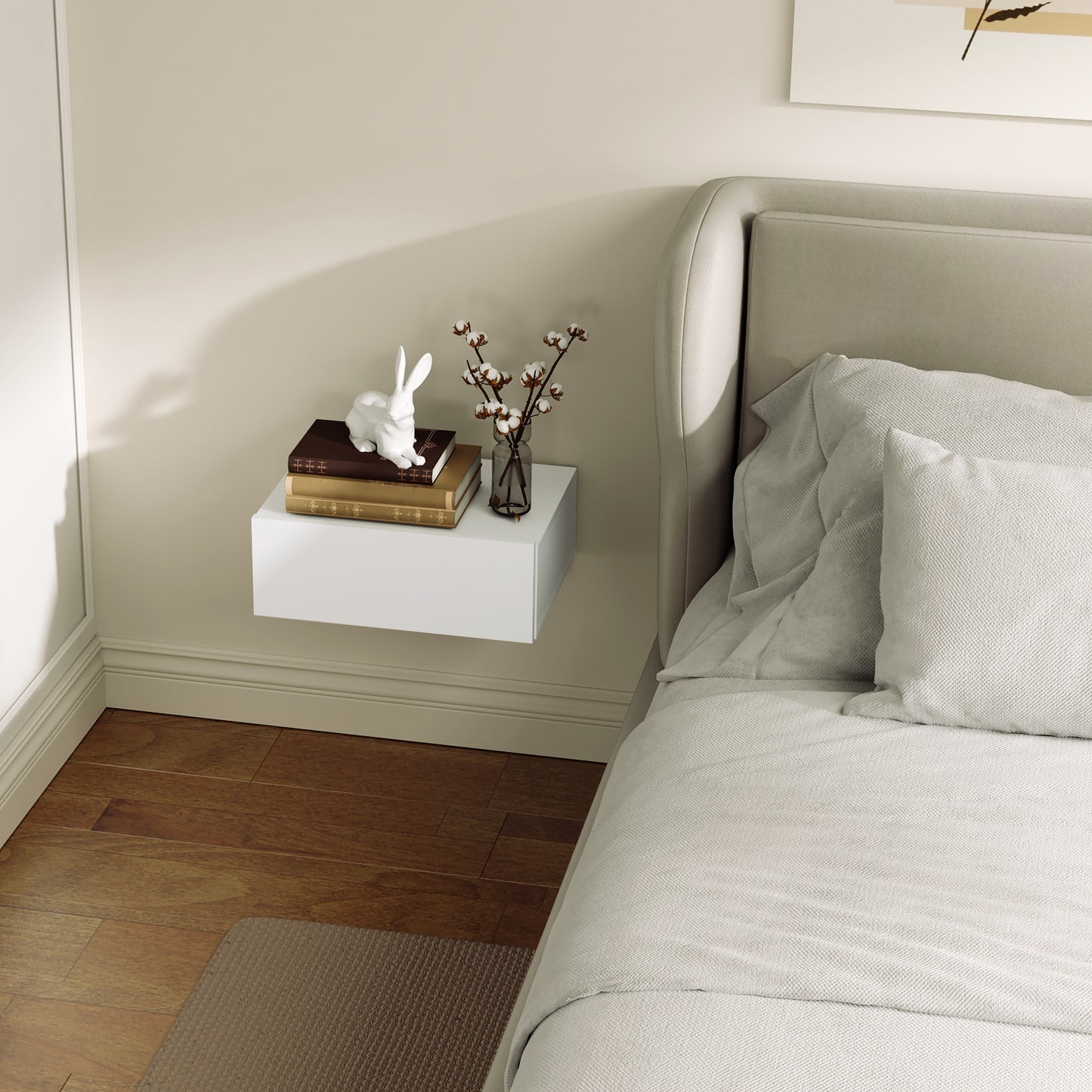 Floating Bedside Table, Wall-Mounted Side Table for Bedroom, White
