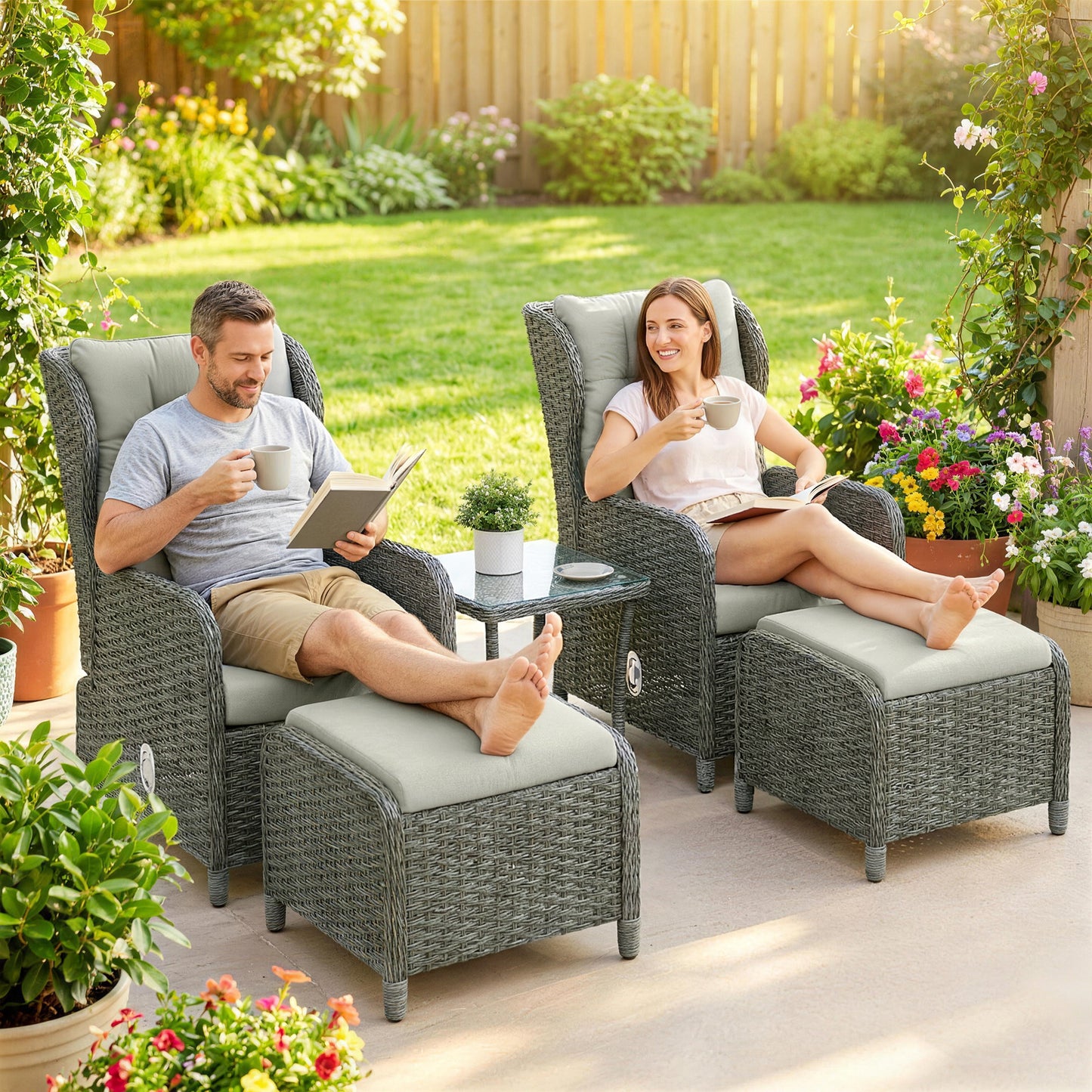 5 Piece Garden Furniture Set, Rattan Reclining Garden Chair Set of 2 with Footstool and Cushion Cream