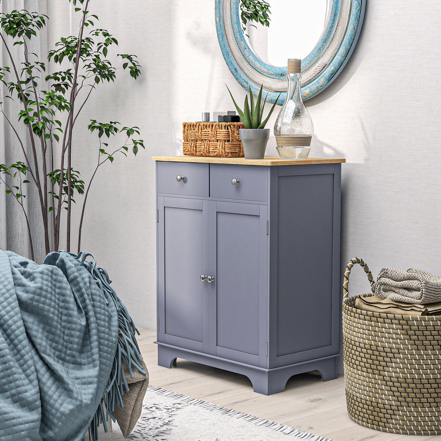Kitchen Floor Cabinet Side Storage Cupboard Multi-Use Sideboard Table with Solid Wood Top, Adjustable Shelf, Drawer for Dining Room, Living Room, Hallway, Grey