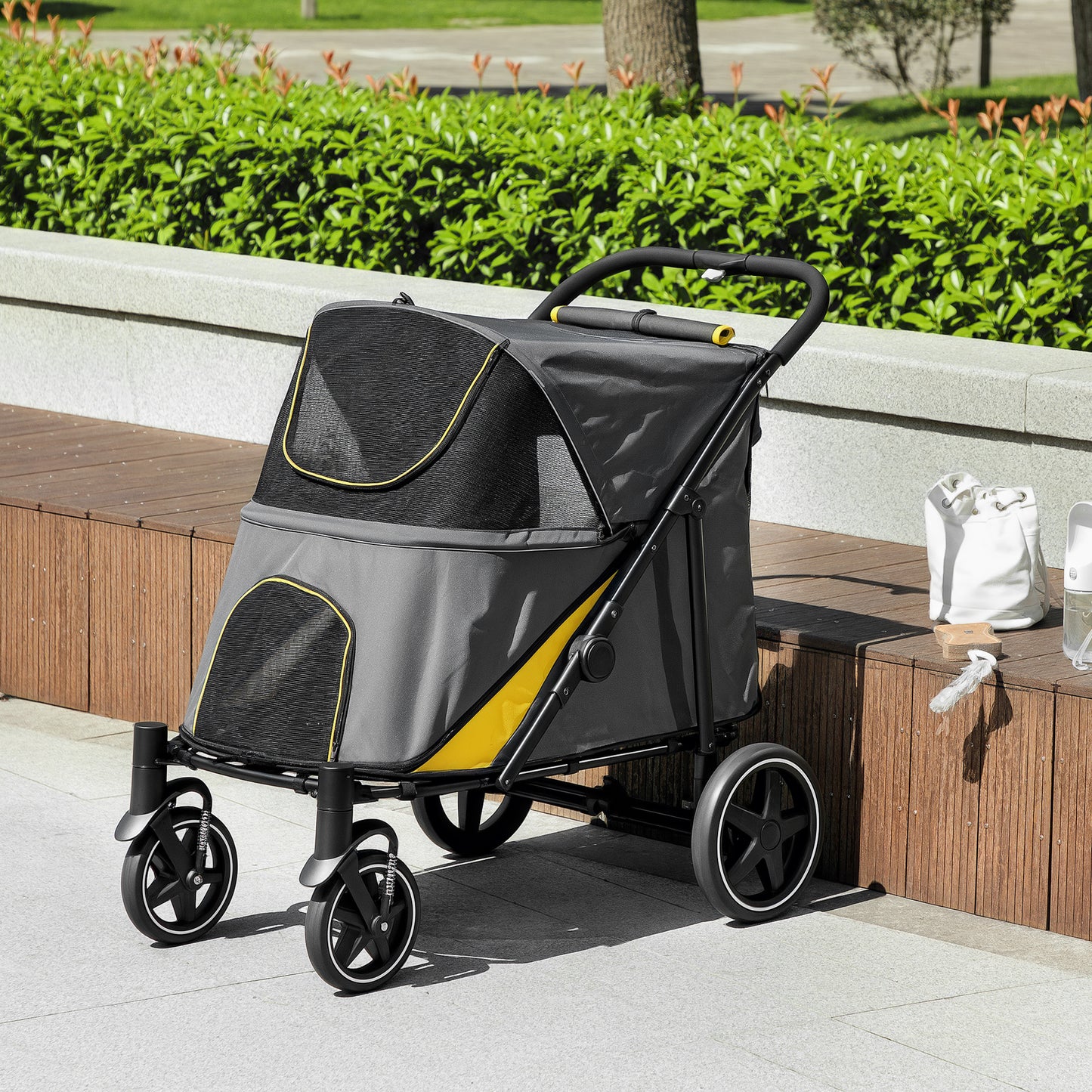 Foldable Dog Carriage w/ Universal Wheels, Shock Absorber - Grey