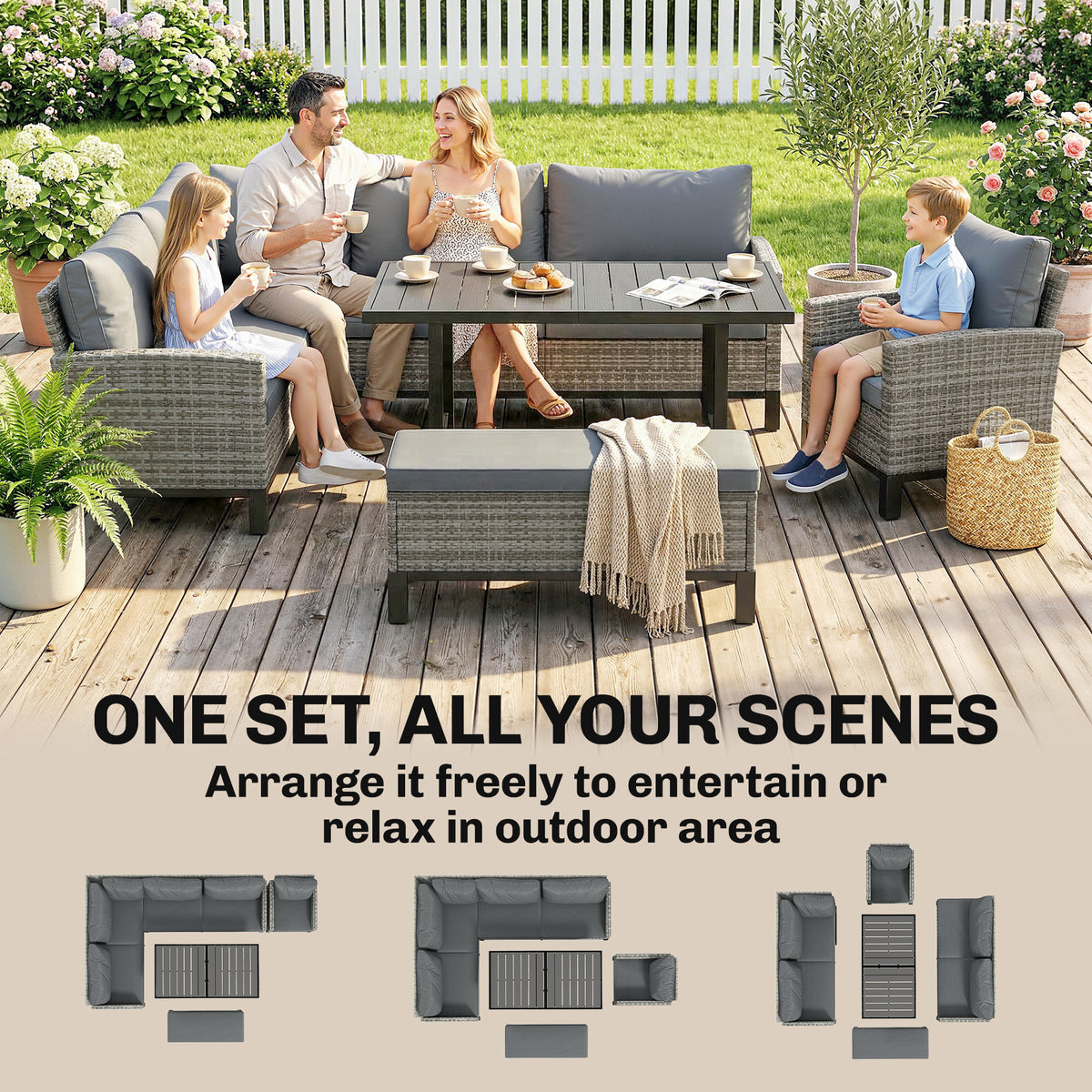 Rattan Garden Furniture Sofa Set, Outdoor Dining Set for 9, Grey