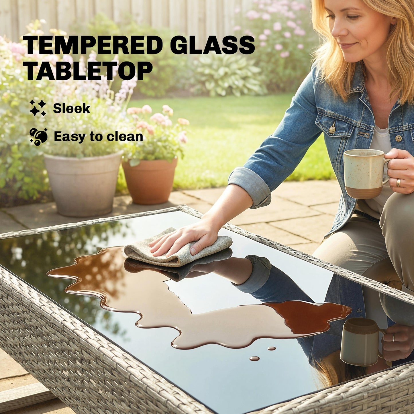 4 Seater Rattan Garden Furniture Set with Non-slip Mats, Khaki