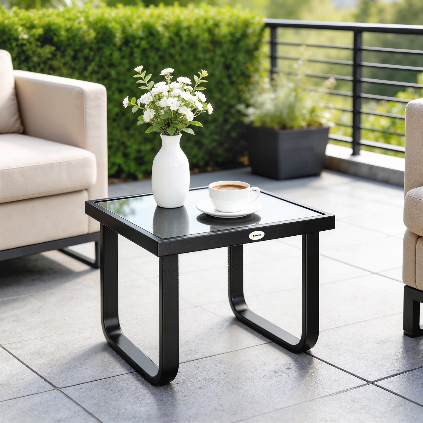 Garden Coffee Table Outdoor Side Table with Glass Top Black