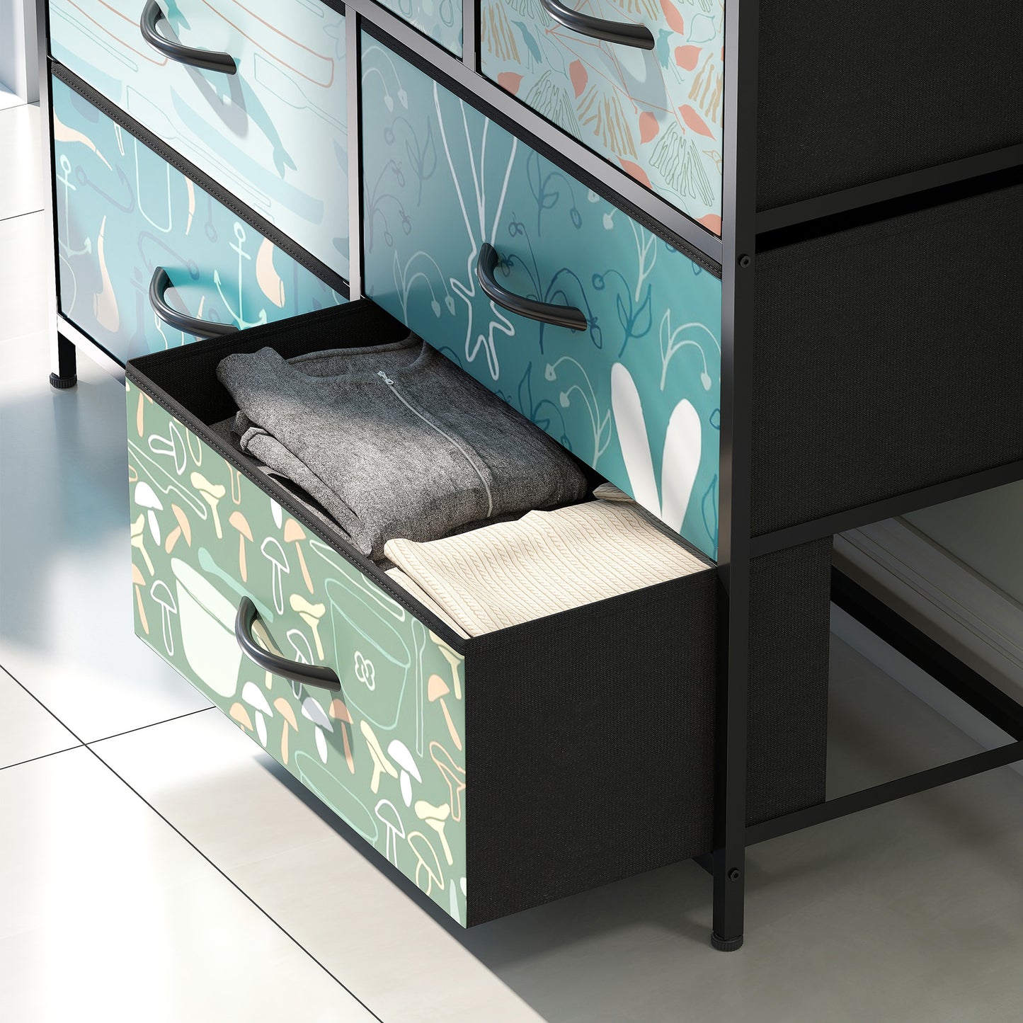 7-Drawer Chest of Drawers, Fabric Dresser with Open Shelf, Blue