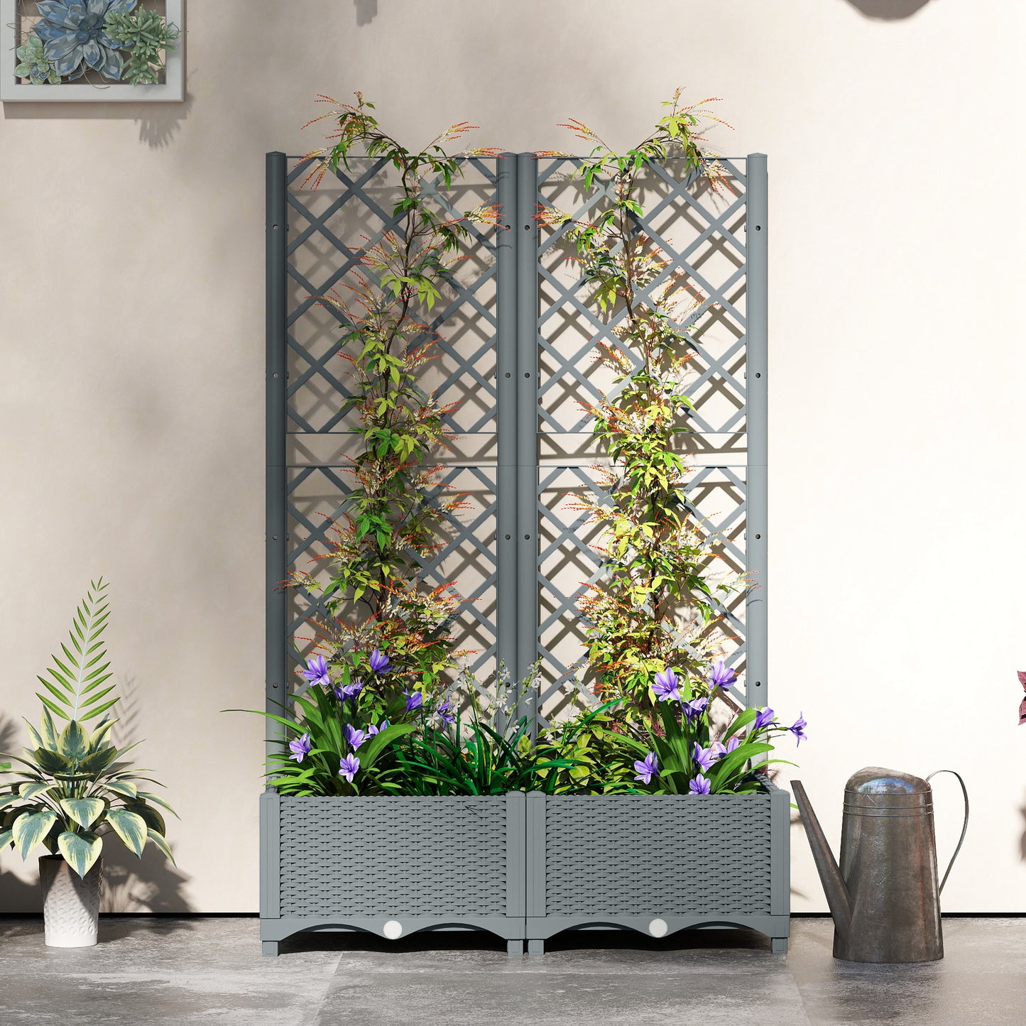 Plastic Planter Box with Trellis, Vegetable Planter w/ Drain Plugs