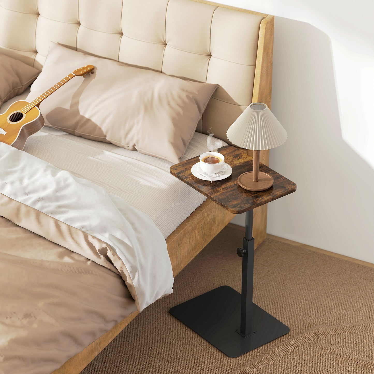 Side Table, C Shaped End Table with Adjustable Height and Metal Base