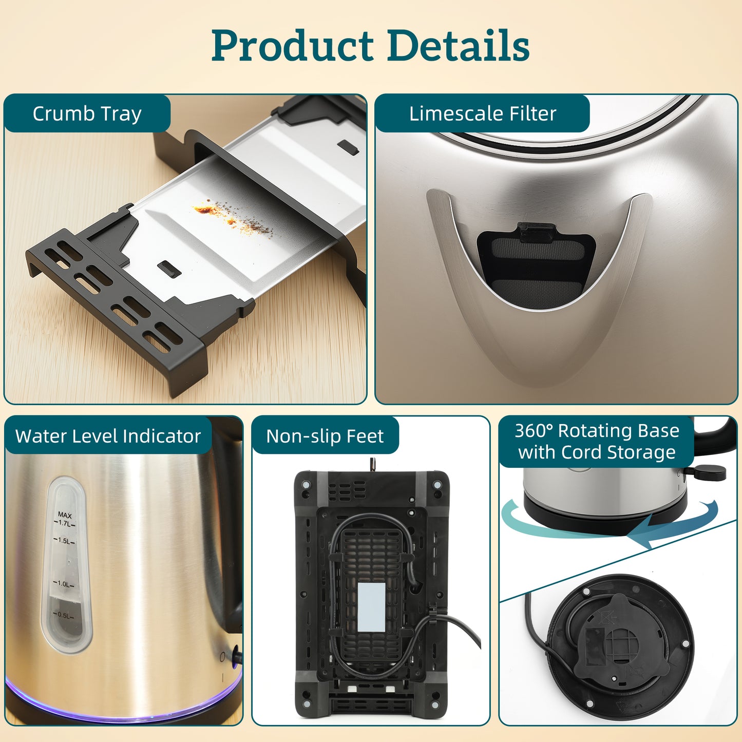 1.7L 3000W Rapid Boil Jug Kettle and 2-Slice Toaster Set, Silver Tone