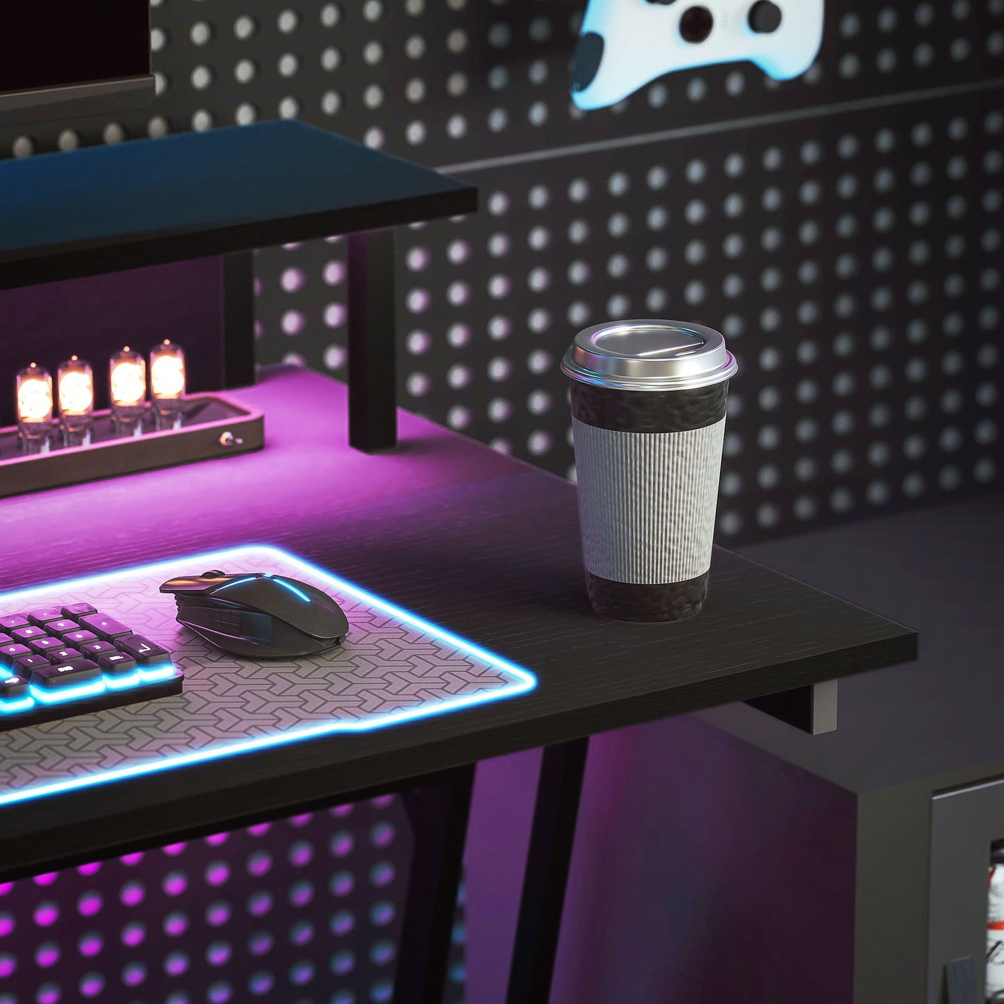 LED Gaming Desk with Power Outlets and Monitor Stand 100 x 60cm Black