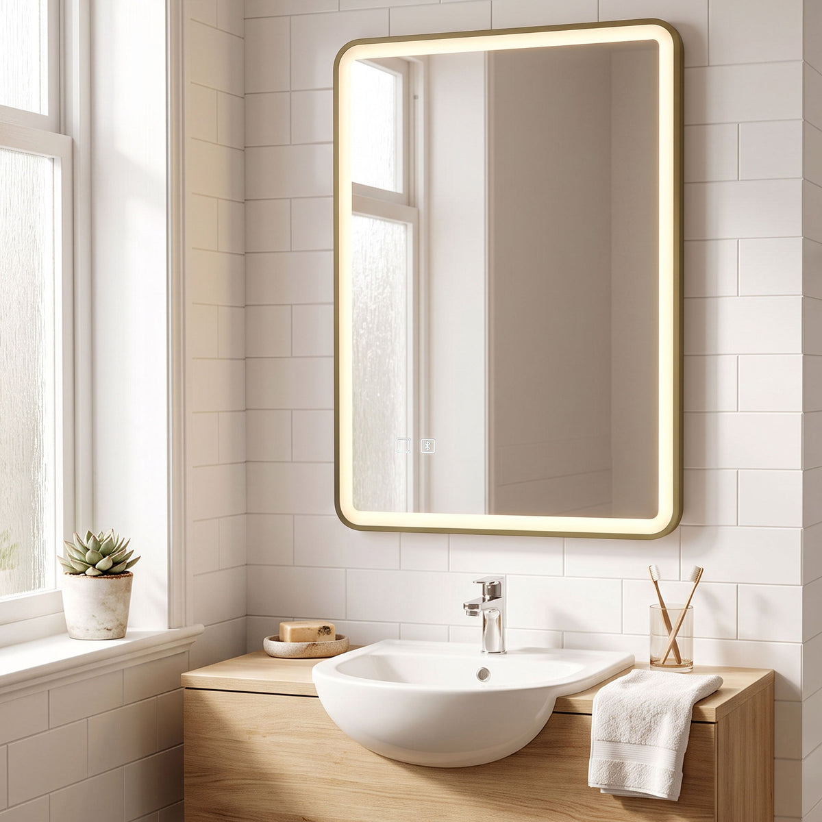 100 x 70cm Rectangular LED Bathroom Mirror with Bluetooth Speaker and Demister - Gold Tone