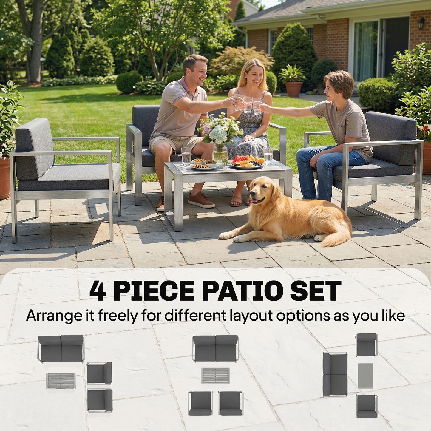 4 Seater Aluminium Garden Furniture Sofa Set with Olefin Cushions