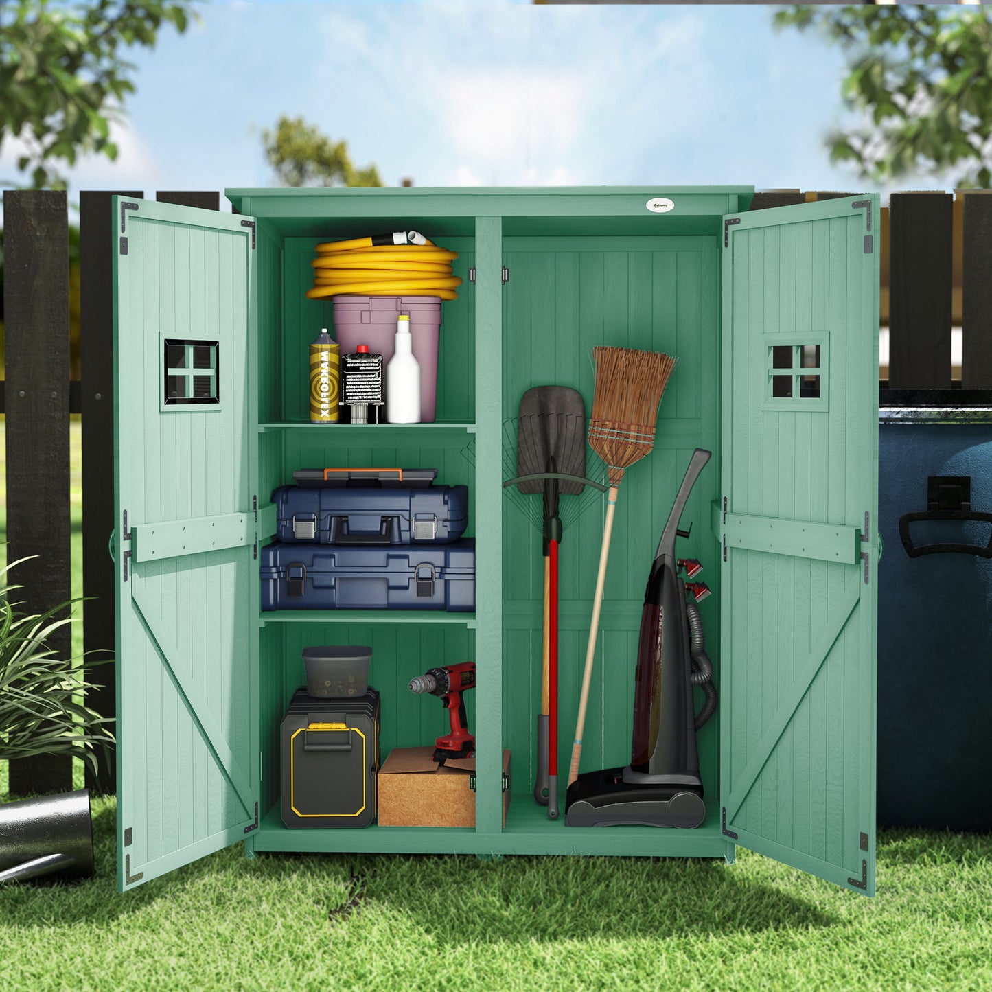 Wooden Garden Shed Tool Storage Cabinet Double Door Shelf Green
