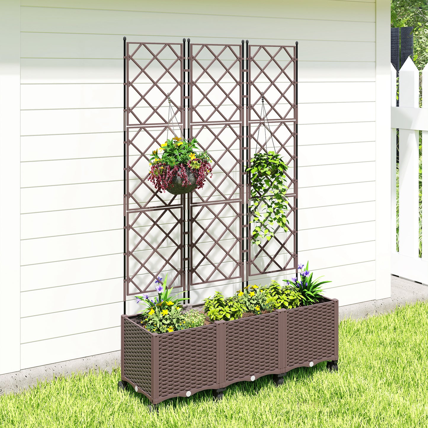 Plastic Raised Planter with Trellis and Self Watering Design