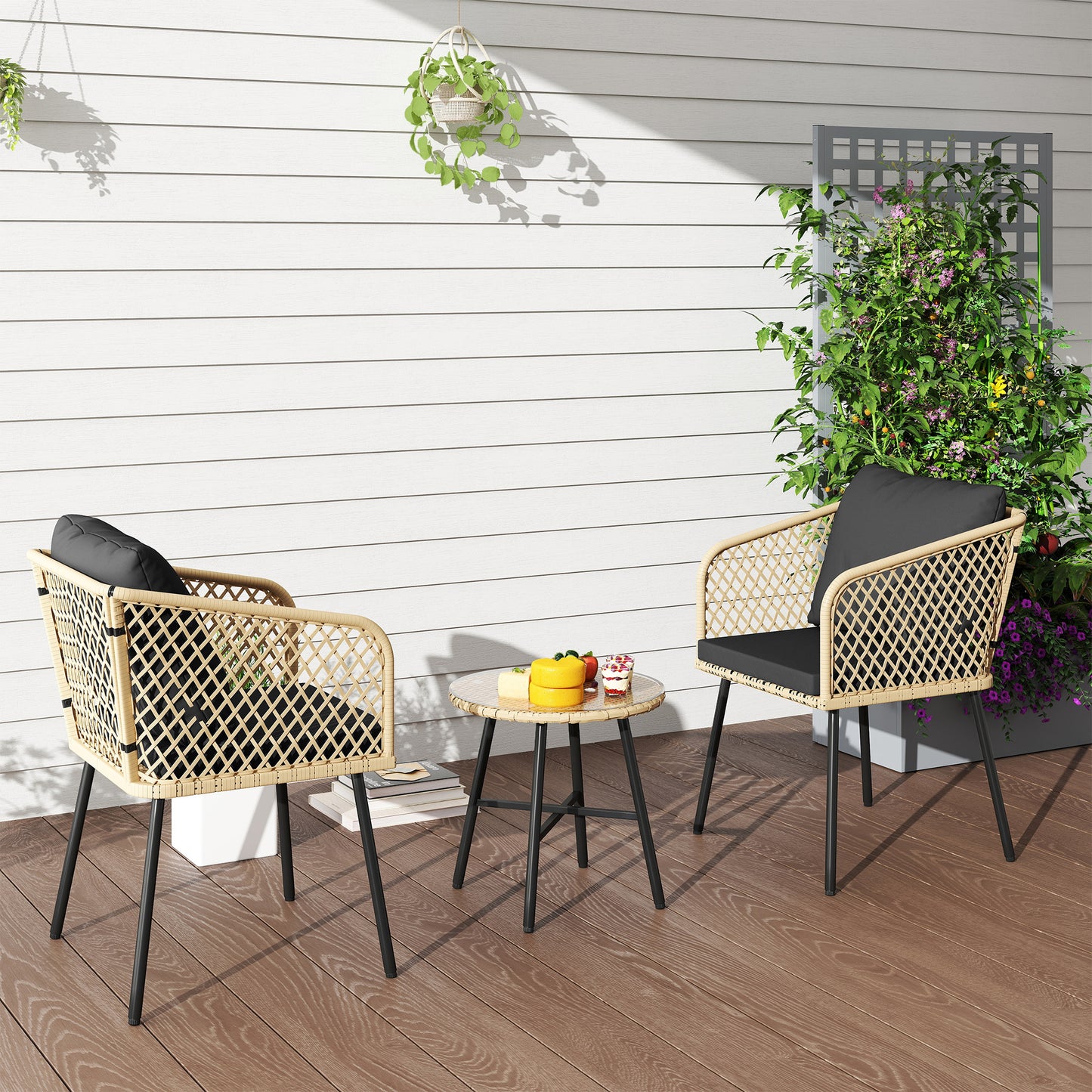 3 Piece Rattan Bistro Set with Cushions, Nature Wood Finish