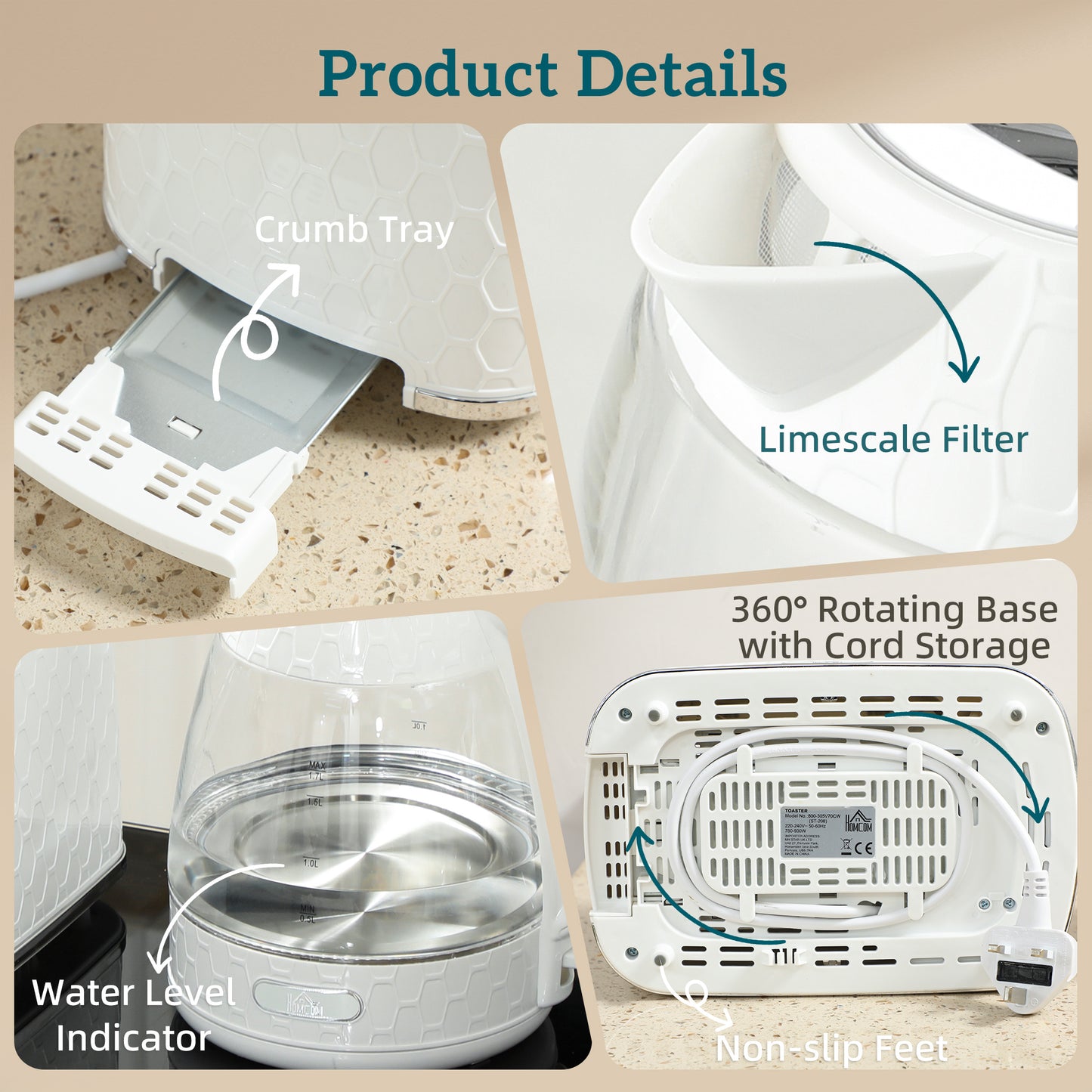 Kettle and Toaster Set with Limescale Filter, Crumb Tray, Cream
