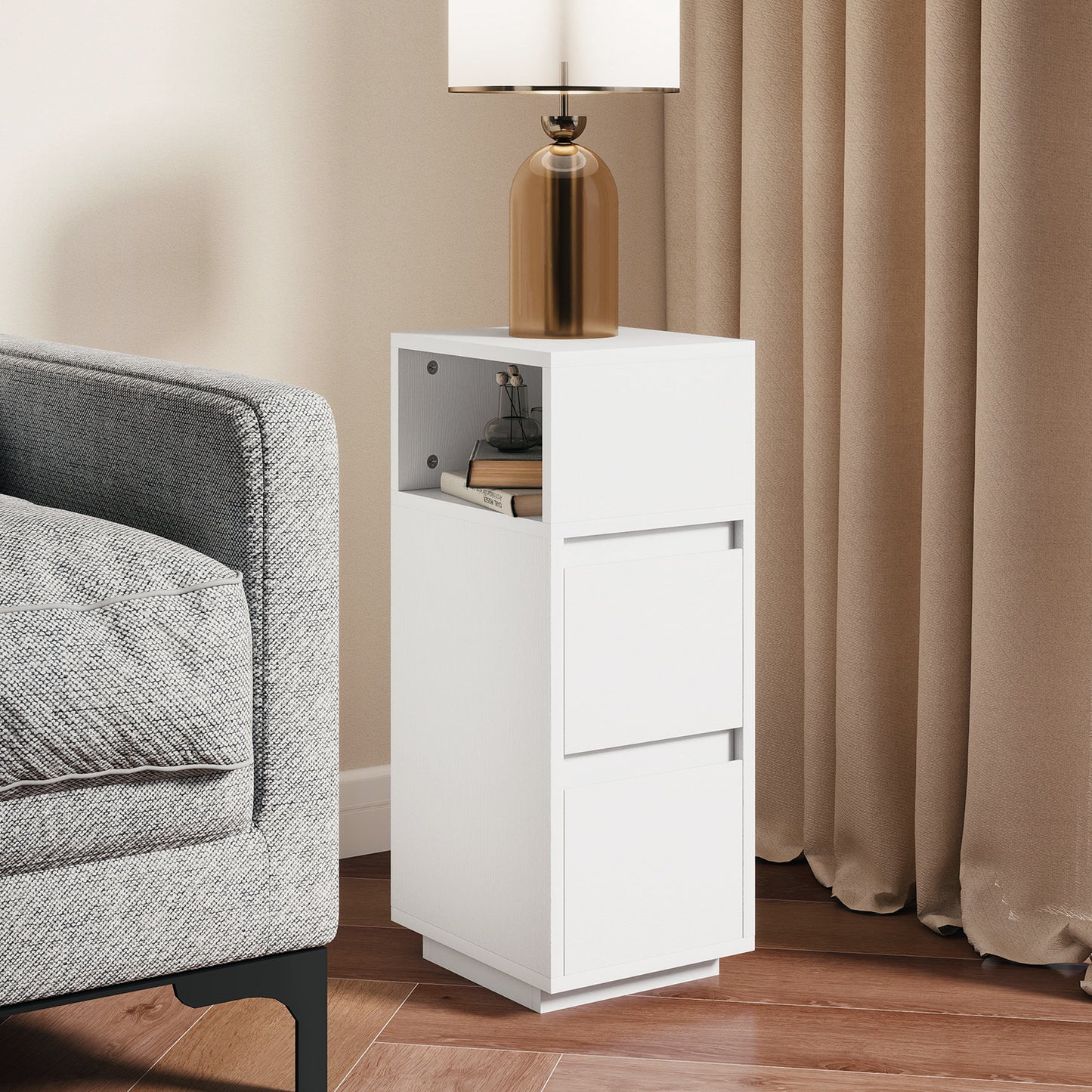 Slim Bedside Table, Bedside Cabinet with Open Shelf and 2 Drawers