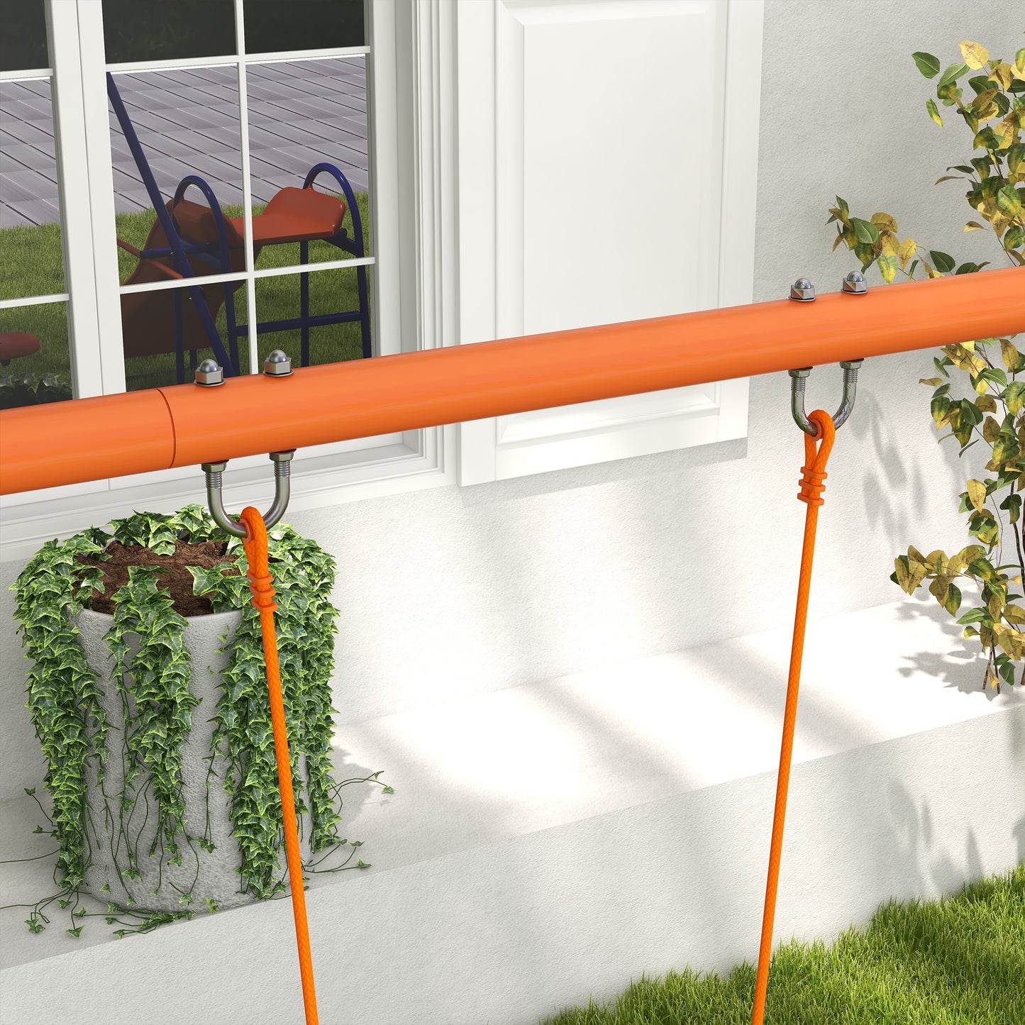 4 in 1 Metal Garden Swing Set with Double Swings Glider Slide Ladder Orange
