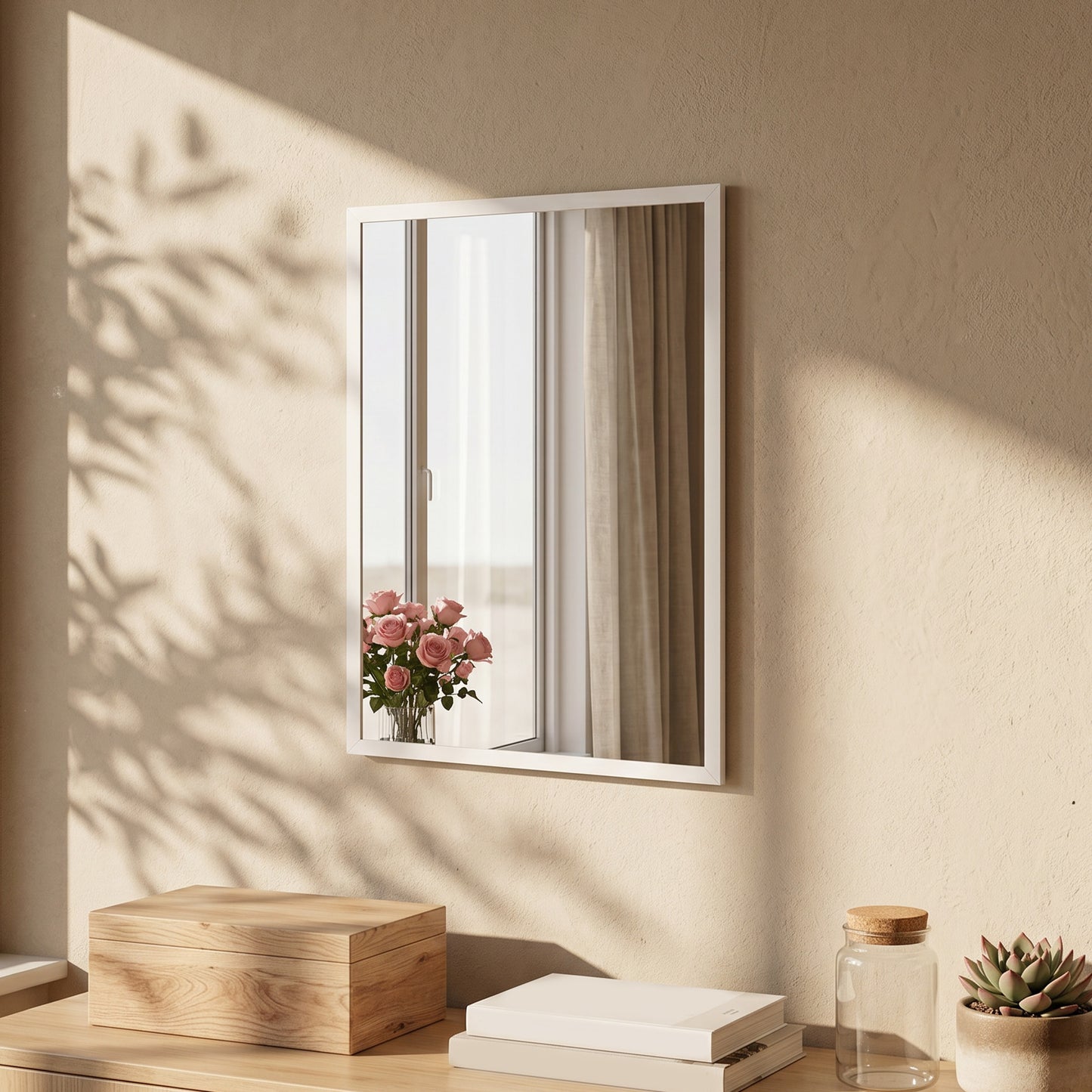 Decorative Rectangular Wall Mirror, 70 x 50 cm Wall-Mounted Bathroom Mirror for Living Room, Bedroom, Hallway, White
