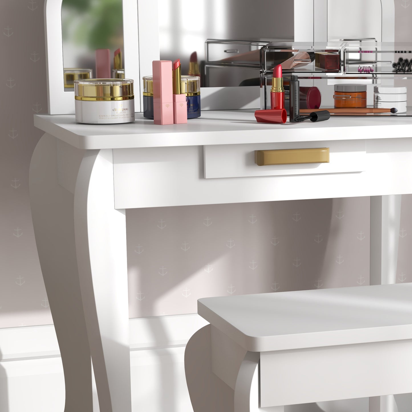 Kids Dressing Table and Stool Kids Vanity Set Makeup Desk w/ Mirror, Drawer, for Ages 3-6 Years, White