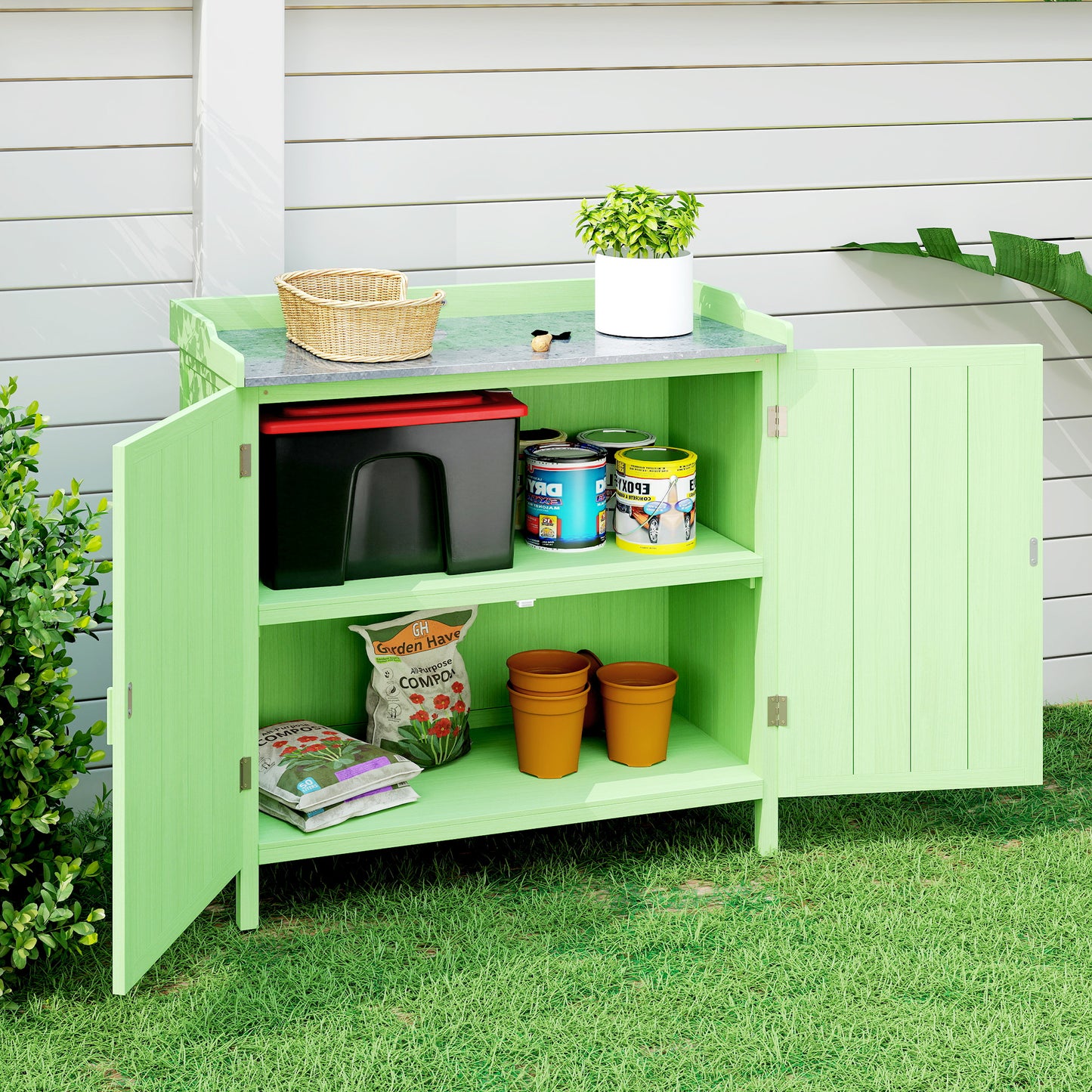 Garden Storage Cabinet Potting Bench Table W/ galvanised Top Green