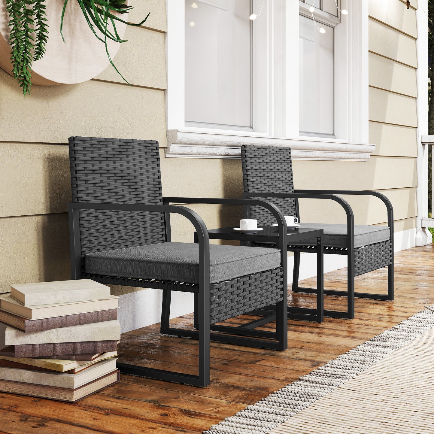 Rattan Bistro Set, 3 Piece Garden Furniture Set Cushions, Black