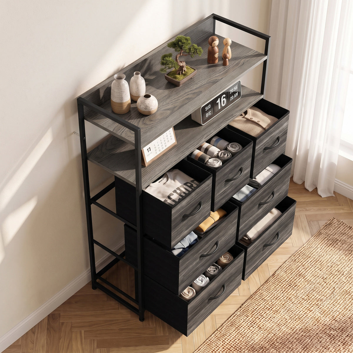 7-Drawer Fabric Chest with 2 Shelves and Steel Frame - Grey Wood Effect