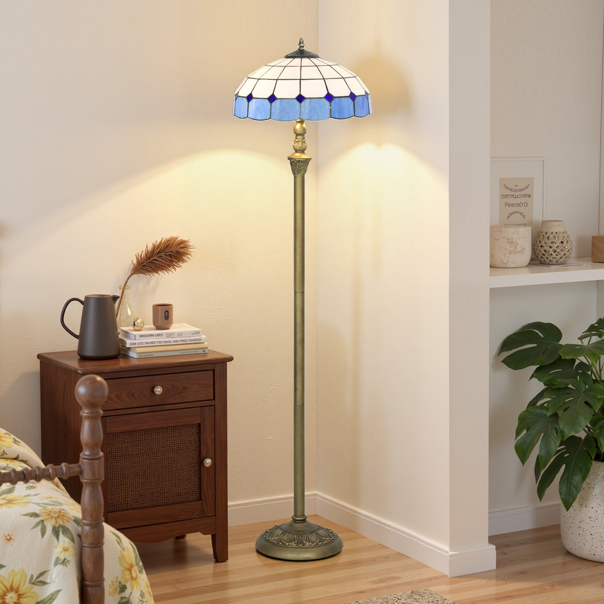 2-Light Tiffany-Style Stained Glass Floor Lamp with Foot Switch (Bulbs Not Included) - Bronze, Blue & White