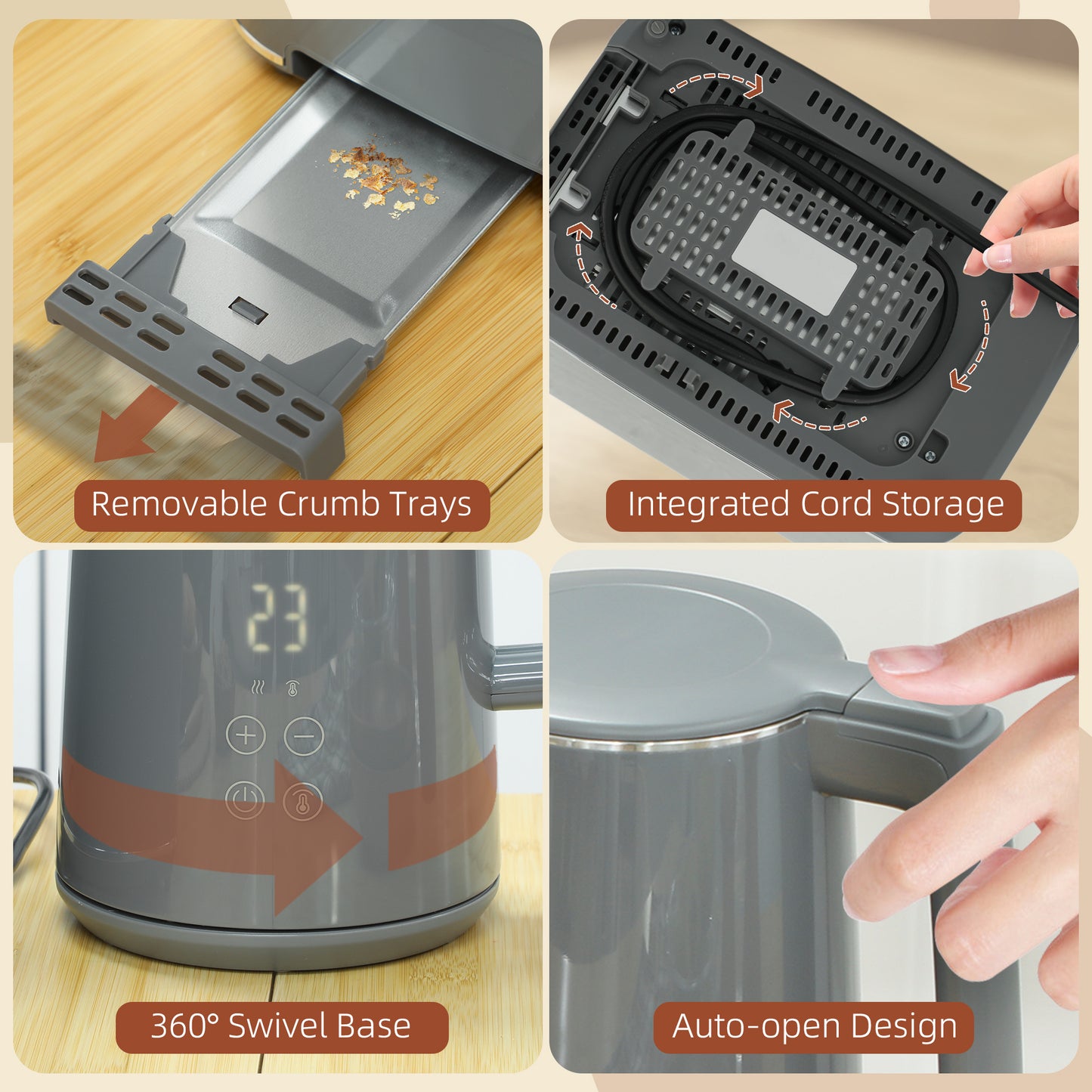 1.5L 3000W Fast Boil Electric Kettle and 2 Slice Toaster Set, Grey