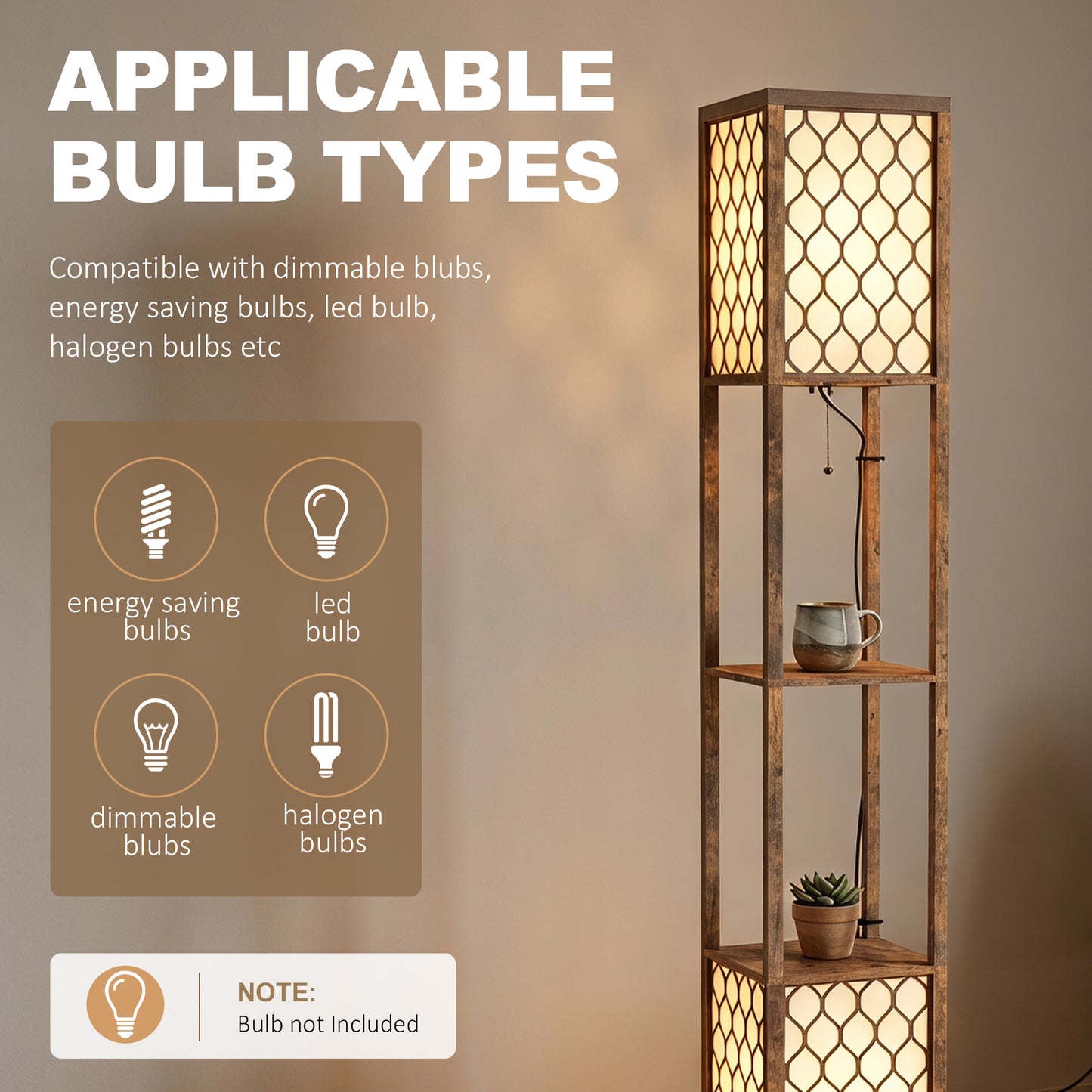 2-Light Modern Floor Lamp with Shelves for Bedroom, Rustic Brown