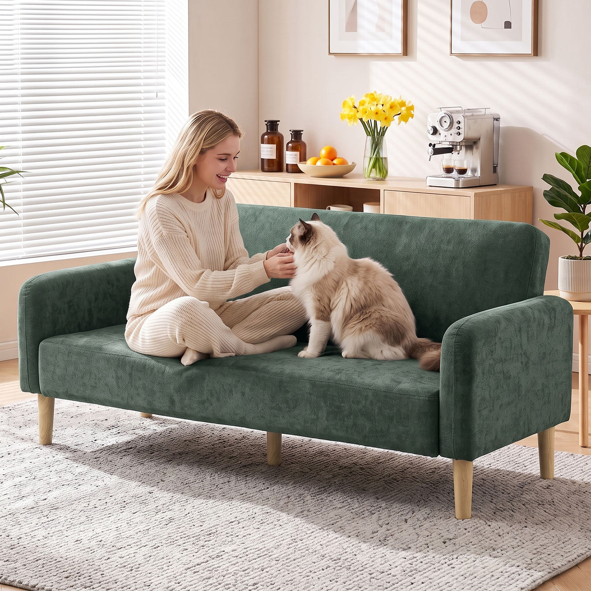 2 Seater Sofa, Velvet Small Couch with Plush Backrest, Dark Green