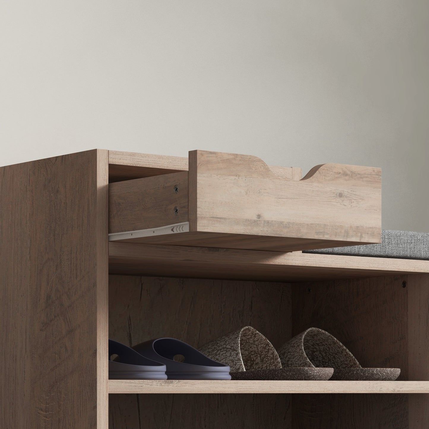 Shoe Storage Bench, Shoe Rack Bench with Seating Cushion, Drawer, 3 Open Compartments and Table Top for Entryway, Hallway, Distressed Grey