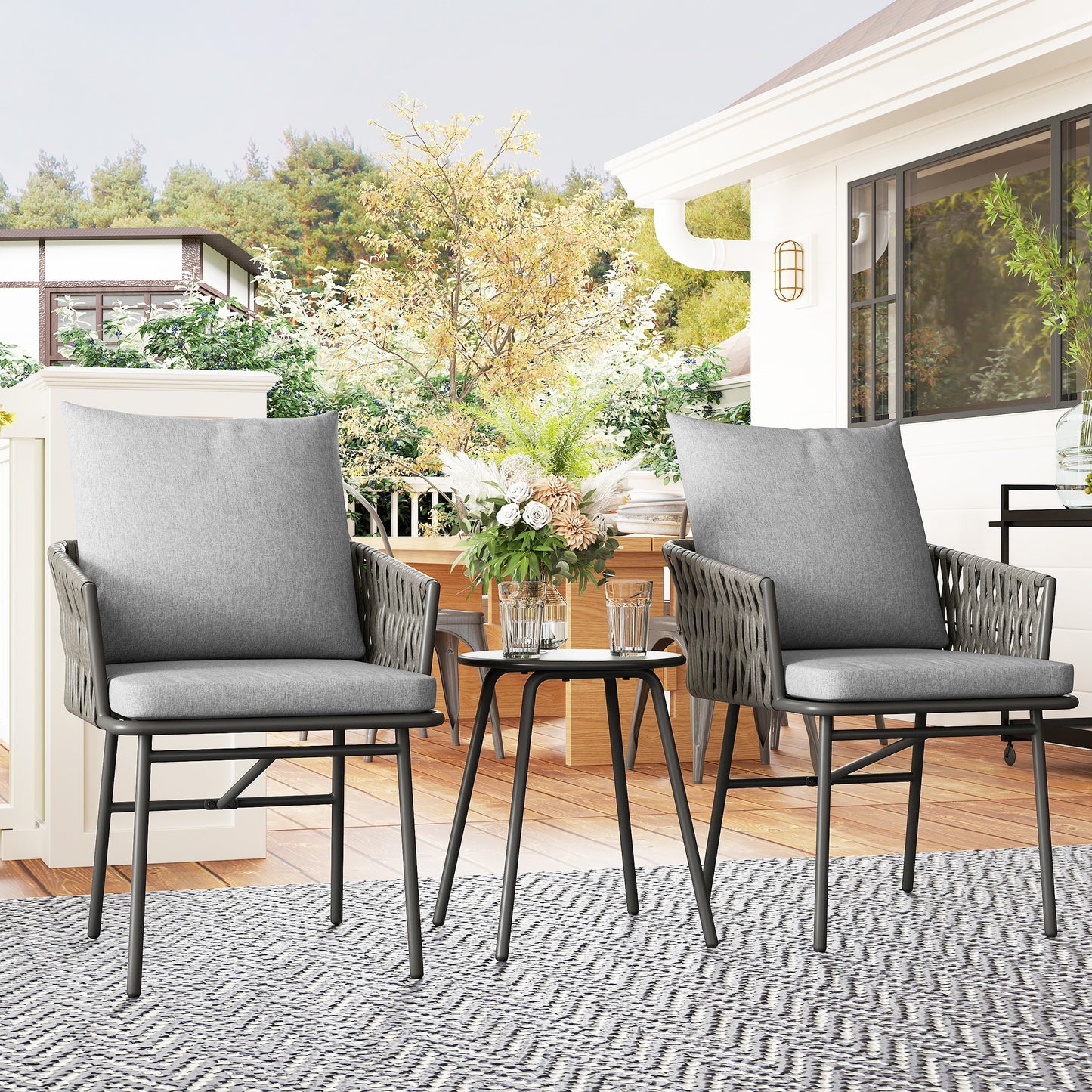 Rattan Bistro Set, Balcony Table and Chairs with 4 Cushions, Grey